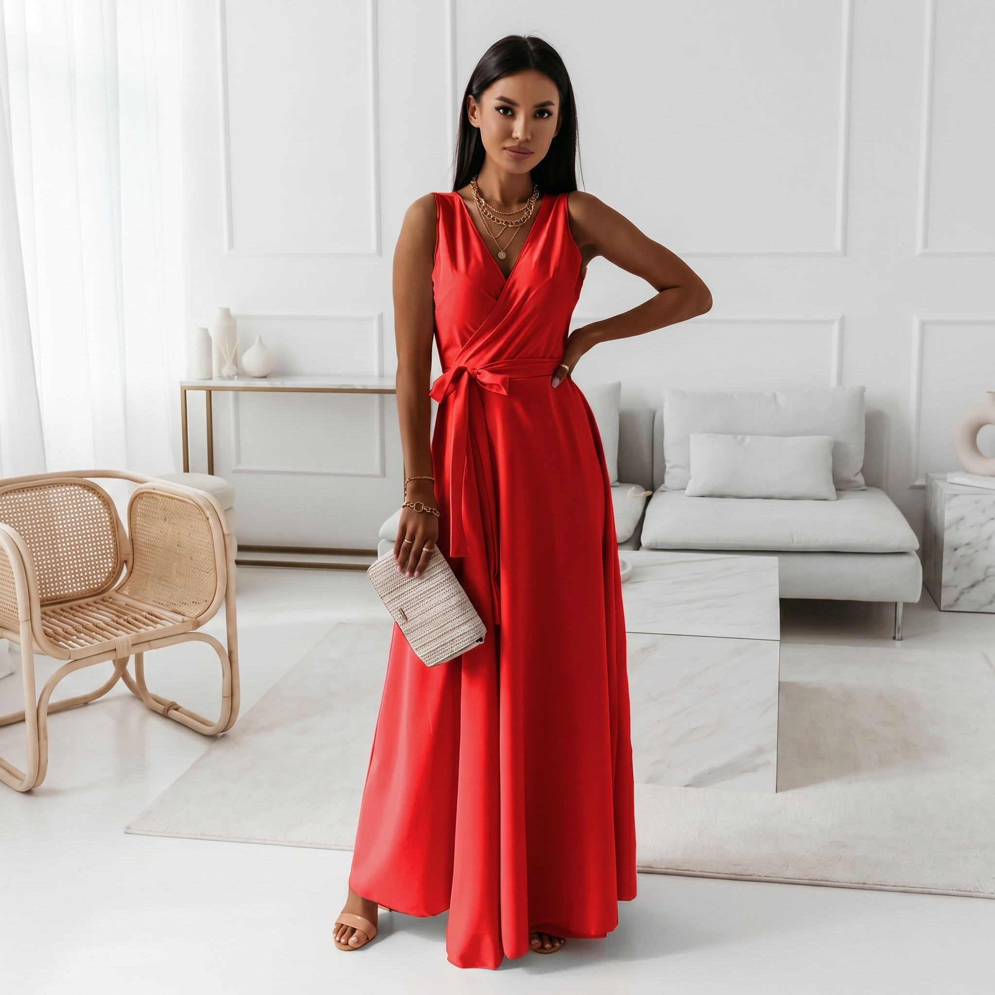 Isabella - Women's Summer Wrap V-Neck Maxi Dress - Maxi Dress - Red - Parker&Brooks
