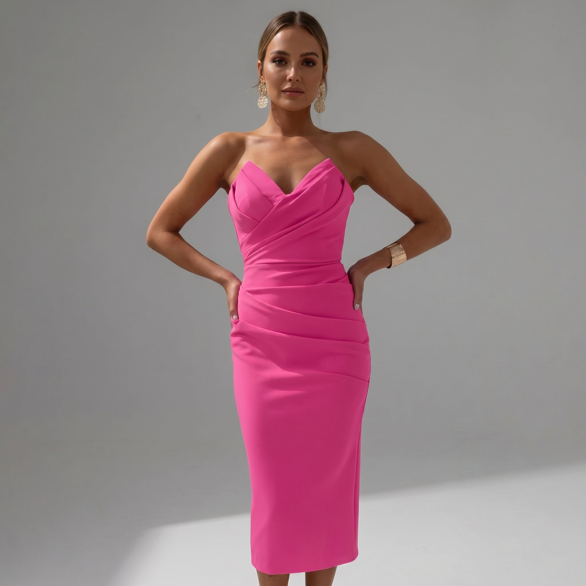 Isla - Women's Party Ruched Bodycon Midi Dress - Midi Dress - Pink - Parker&Brooks