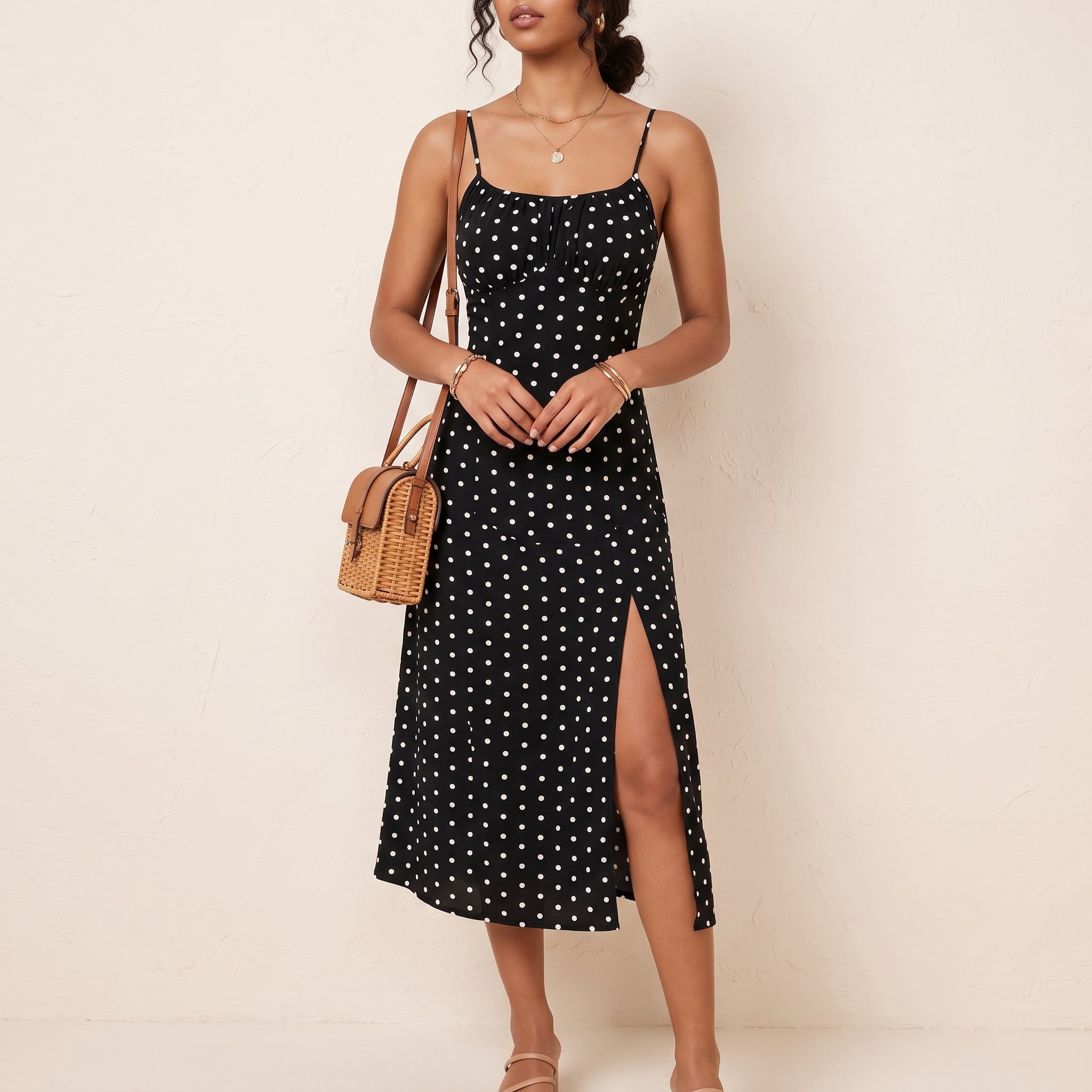 Isla - Women's Summer Polka Dot Spaghetti Strap Midi Dress - Dresses - Black - Parker&Brooks
