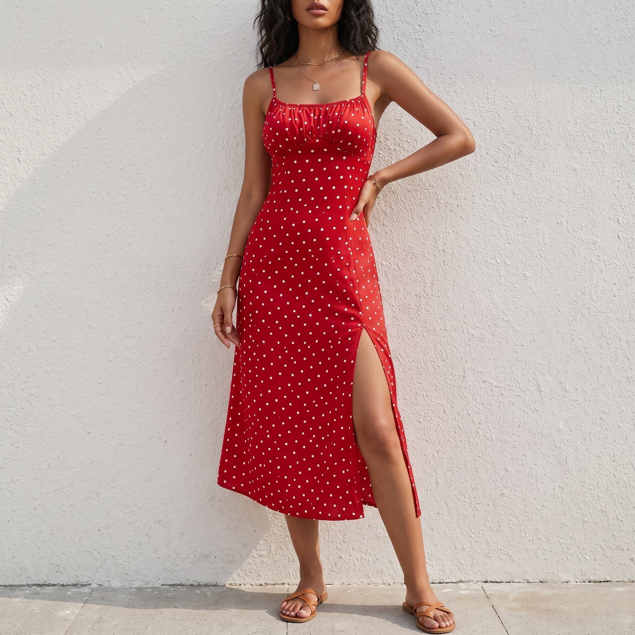 Isla - Women's Summer Polka Dot Spaghetti Strap Midi Dress - Dresses - Red - Parker&Brooks