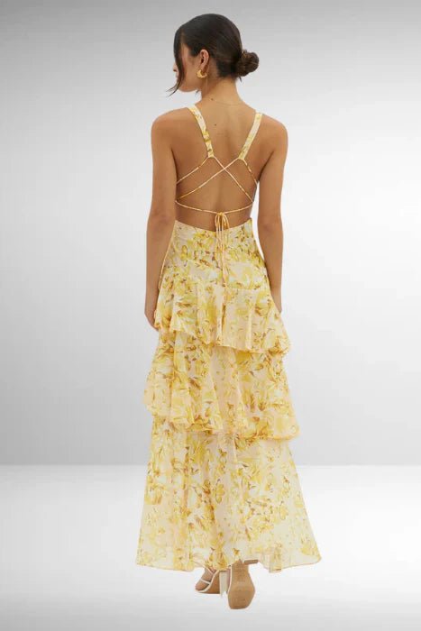Ivy - Women's Floral Tiered Maxi Dress with V - Neckline - Dresses - Yellow - Parker&Brooks