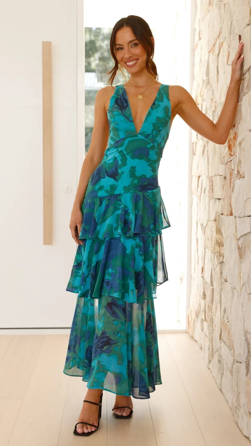 Ivy - Women's Floral Tiered Maxi Dress with V - Neckline - Dresses - Green - Parker&Brooks