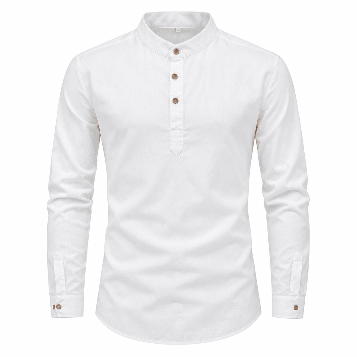 James - Men's Band Collar Henley Shirt with Long Sleeves - Shirts - White - Parker&Brooks