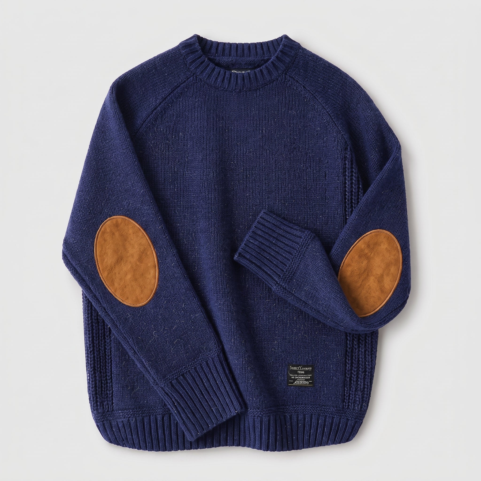 James - Men's Crew Neck Sweater with Elbow Patches - Sweaters - Blue - Parker&Brooks
