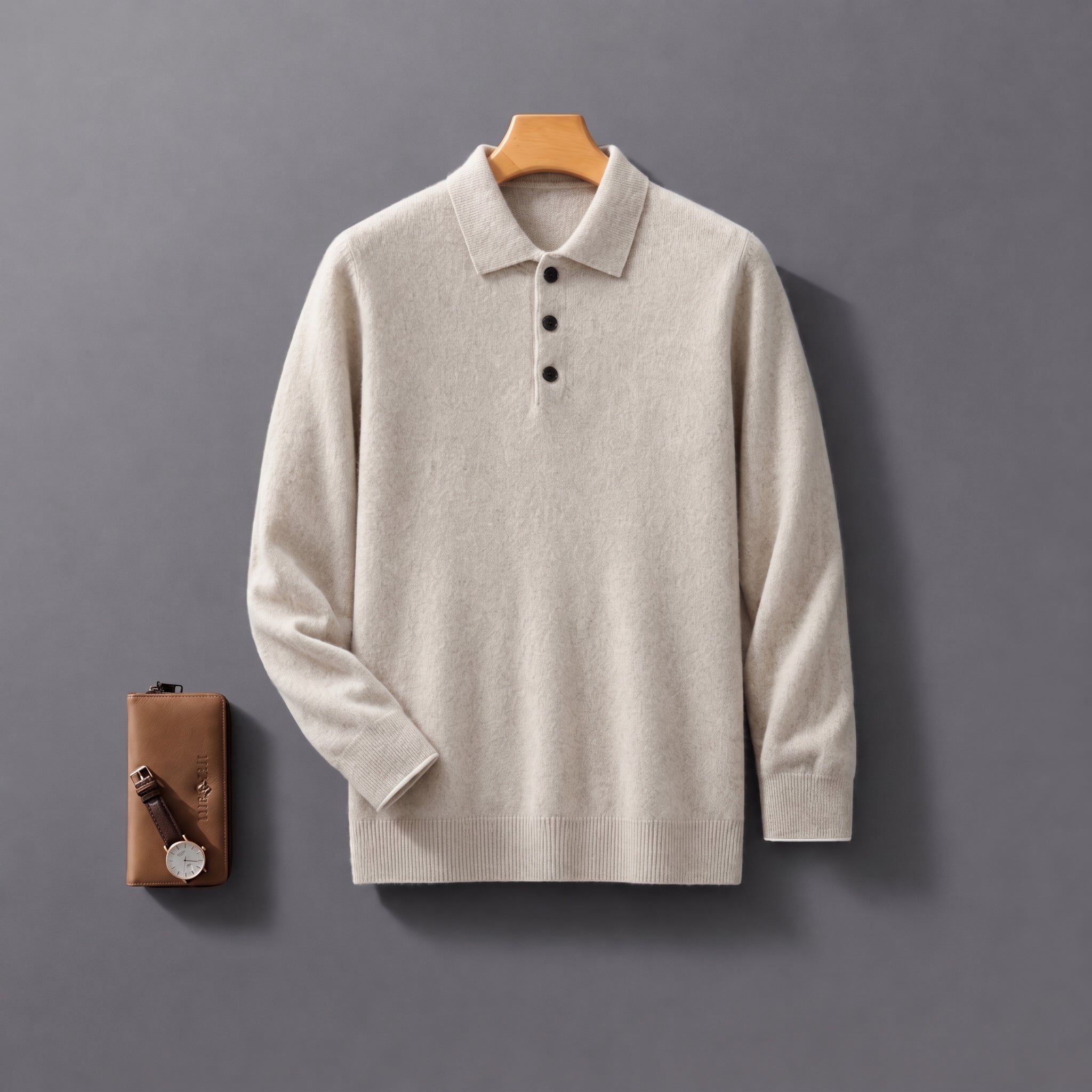 James - Men's Knitted Polo Shirt with Button Placket - Polos - Beige - Parker&Brooks