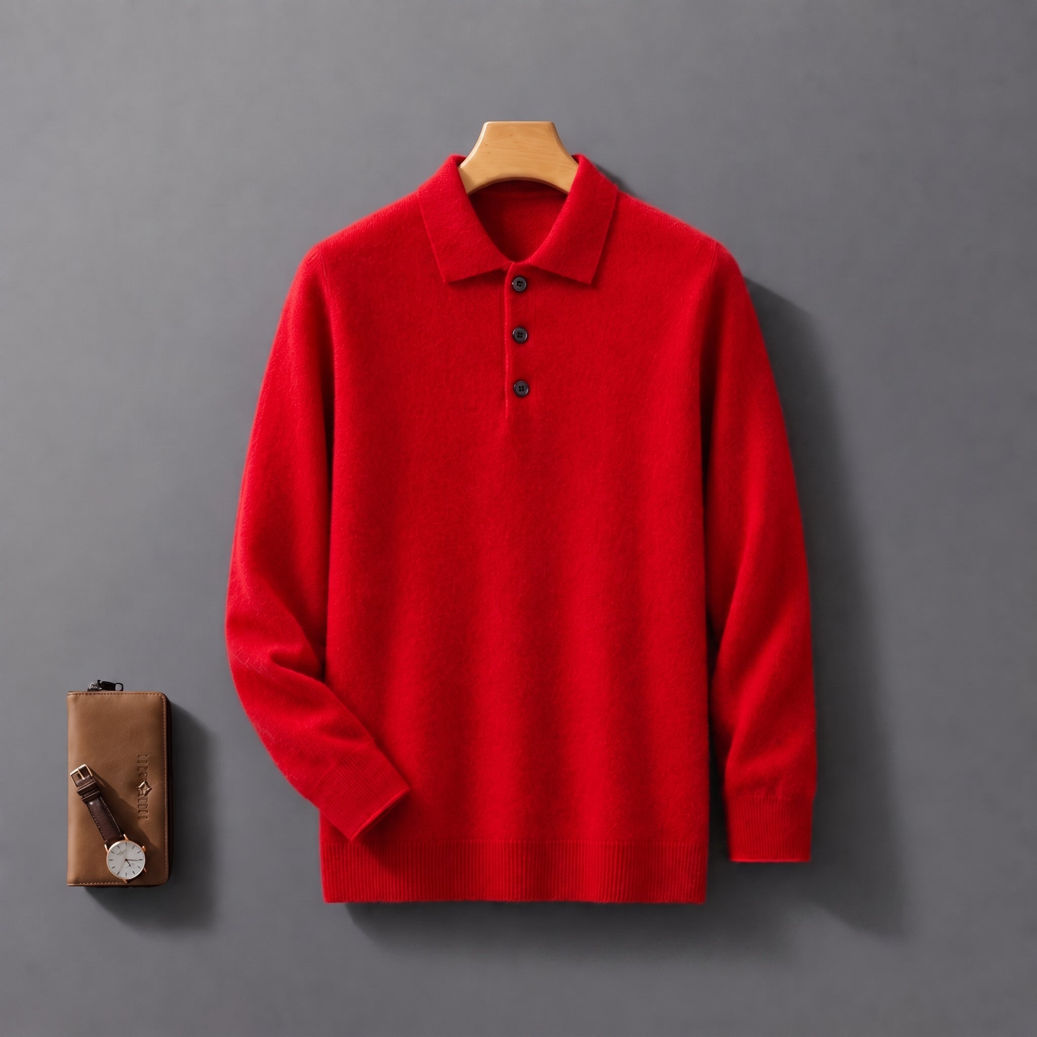 James - Men's Knitted Polo Shirt with Button Placket - Polos - Red - Parker&Brooks
