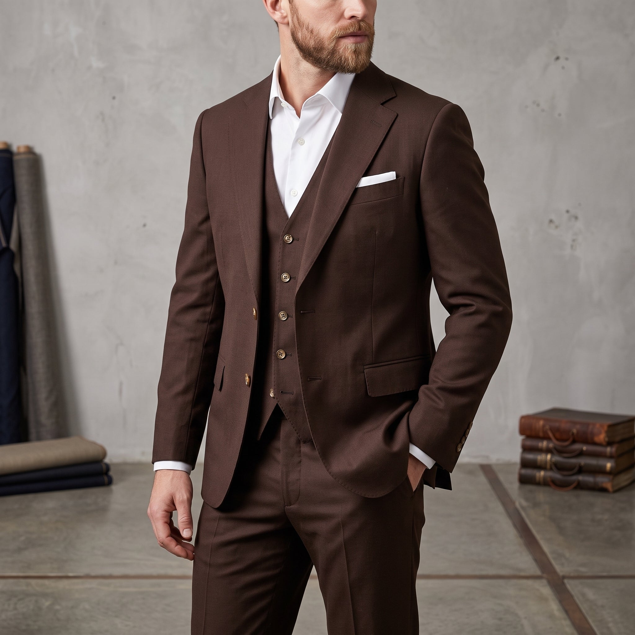 James – Men's Notch Lapel Slim Fit Occasion Wedding Guest Suit - Suits - Brown - Parker&Brooks