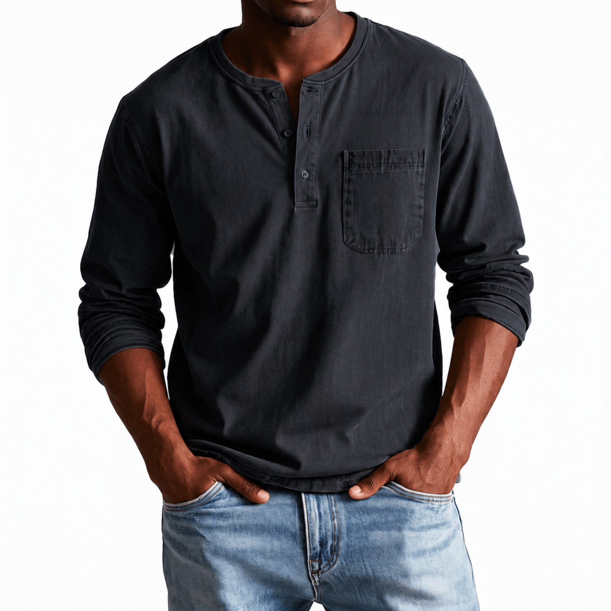 James - Men's Relaxed Fit Long Sleeve Henley T-Shirt - Henley Shirts - Black - Parker&Brooks