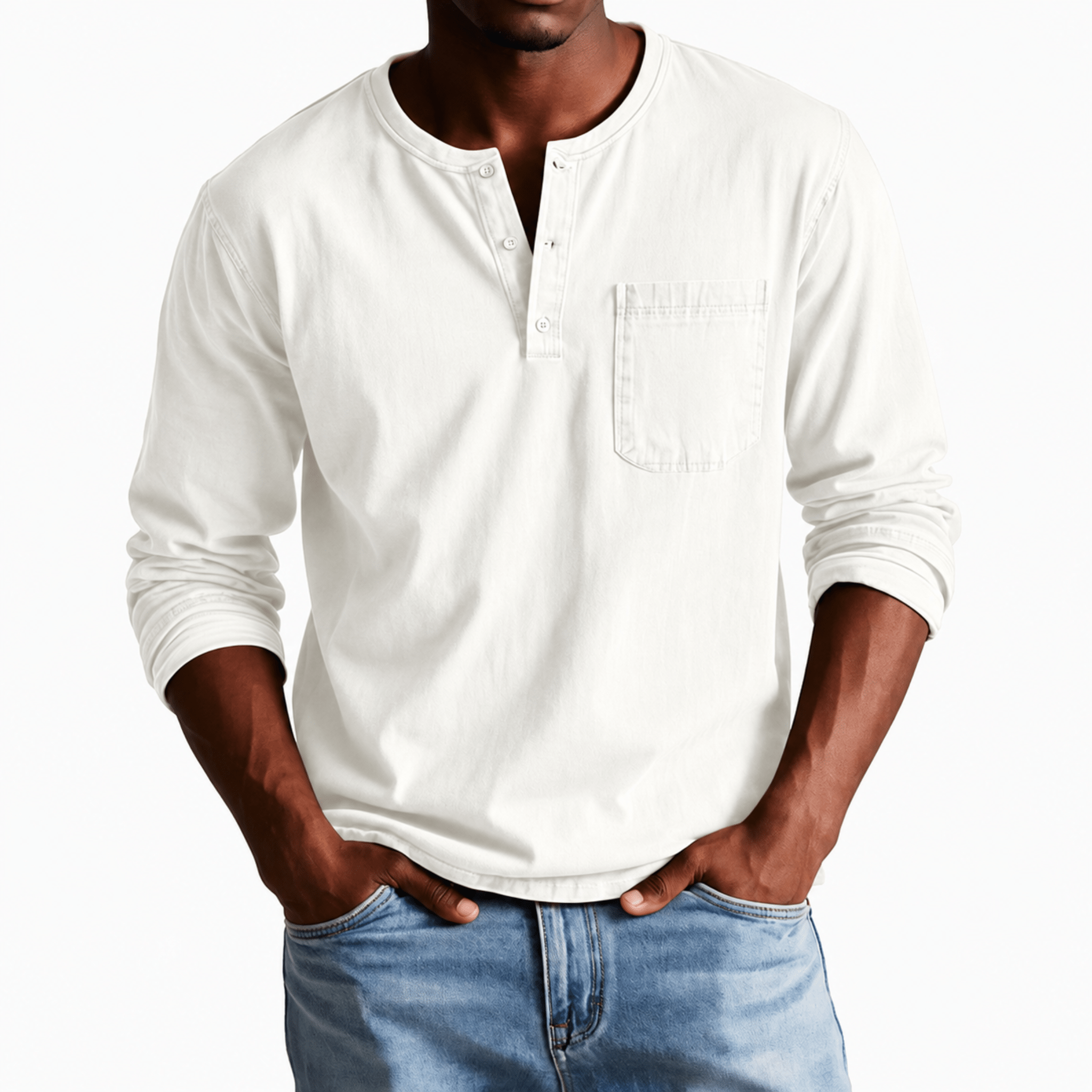 James - Men's Relaxed Fit Long Sleeve Henley T-Shirt - Henley Shirts - White - Parker&Brooks