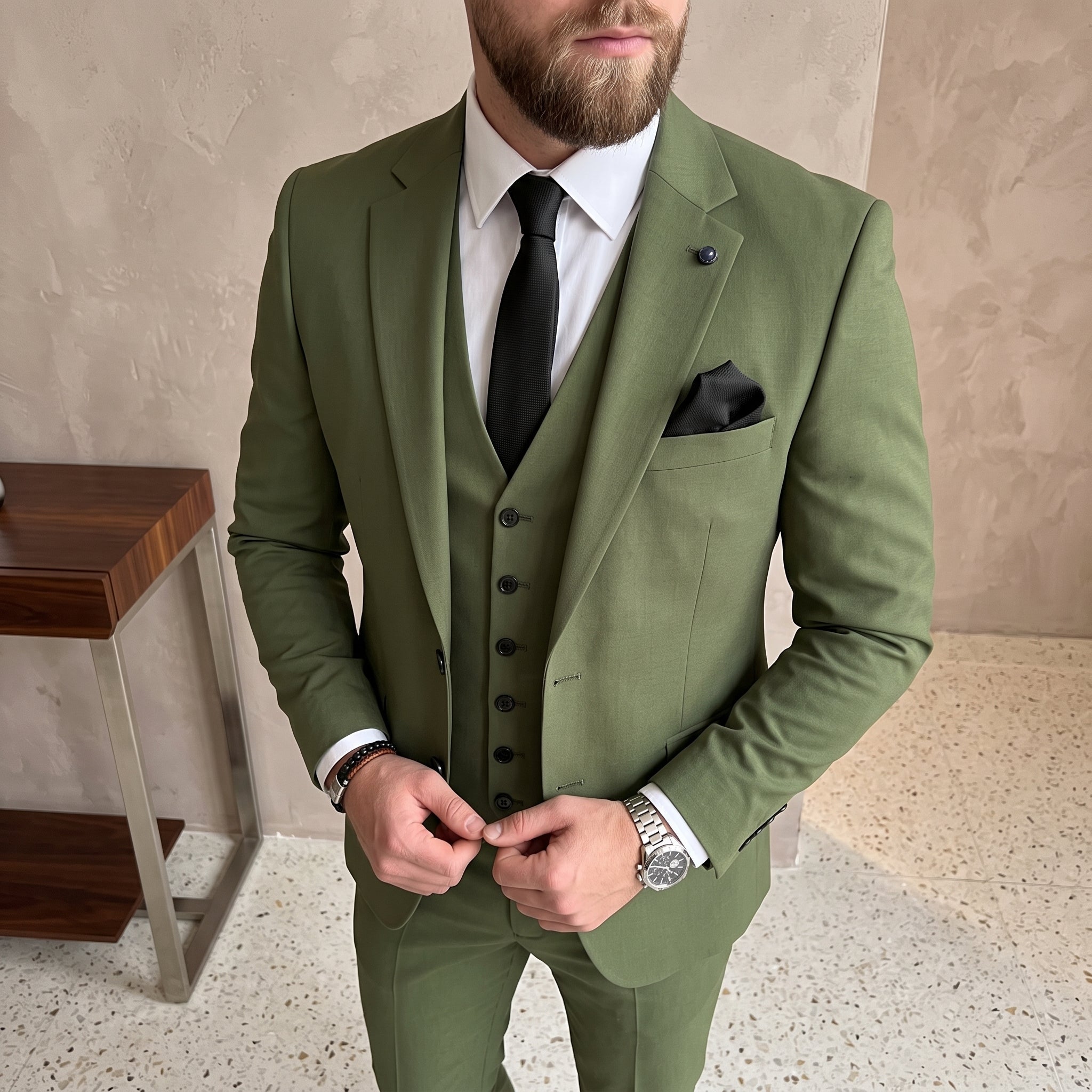 James – Men's Slim Fit Peak Lapel Three-Piece Wedding Suit - Tuxedos - Green - Parker&Brooks