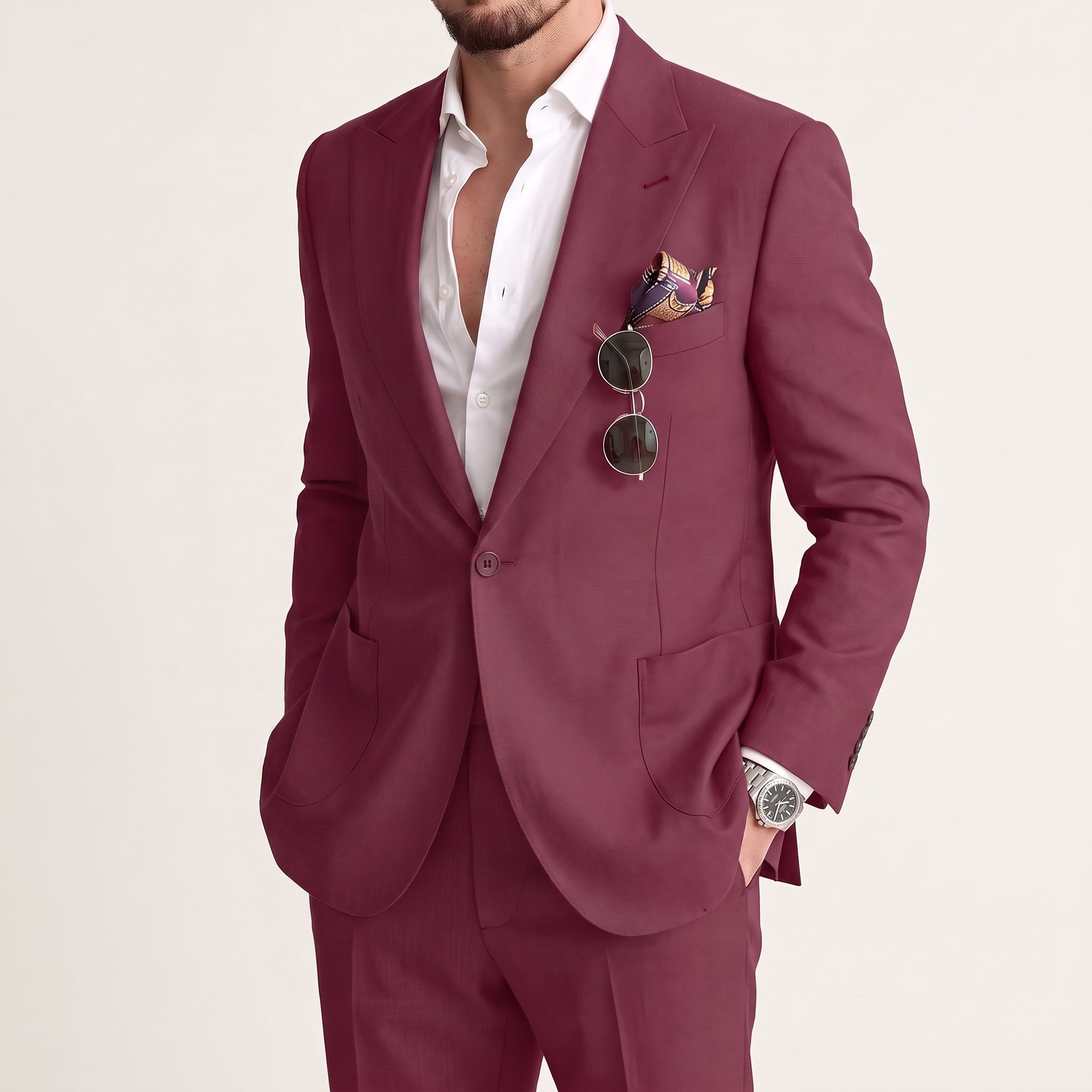 James - Men's Slim Fit Peaked Lapel Two-Piece Wedding Guest Suit - Tuxedos - Burgundy - Parker&Brooks