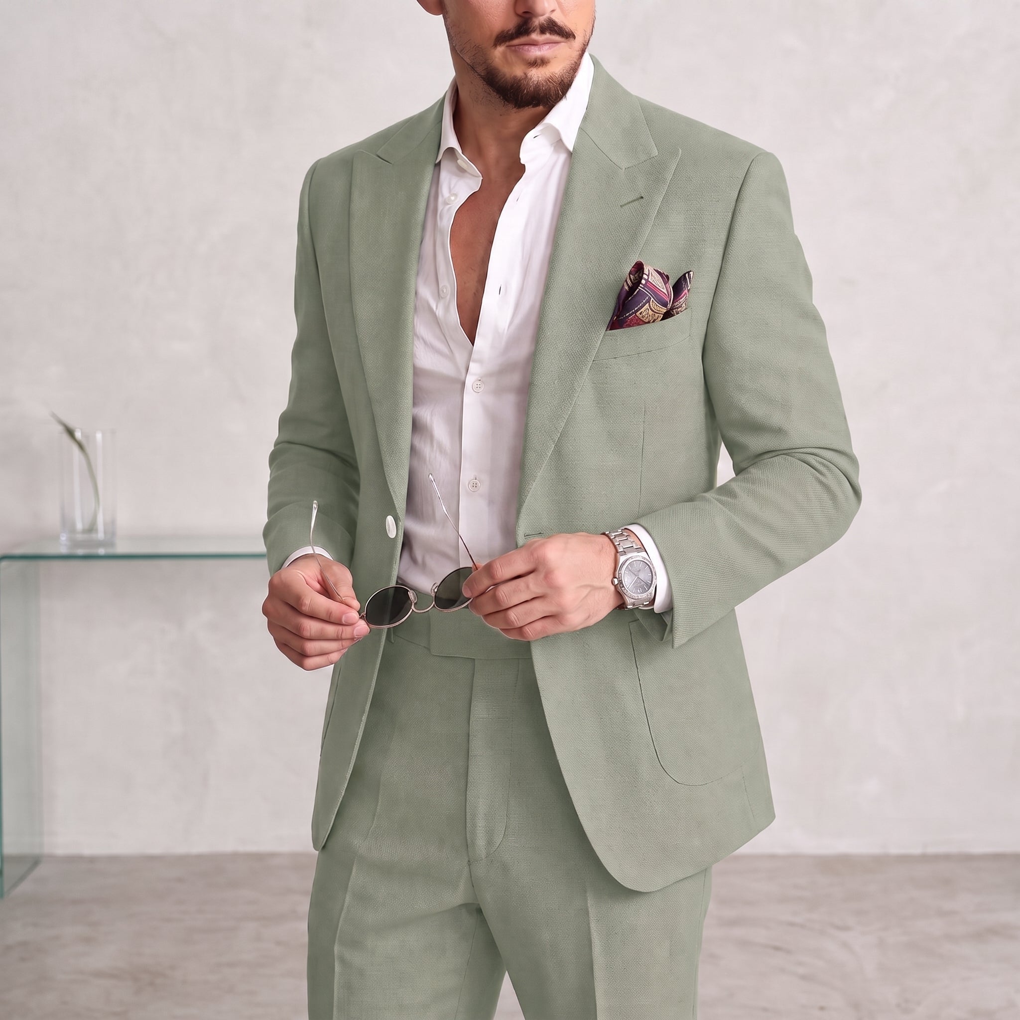 James - Men's Slim Fit Peaked Lapel Two-Piece Wedding Guest Suit - Tuxedos - Light Green - Parker&Brooks