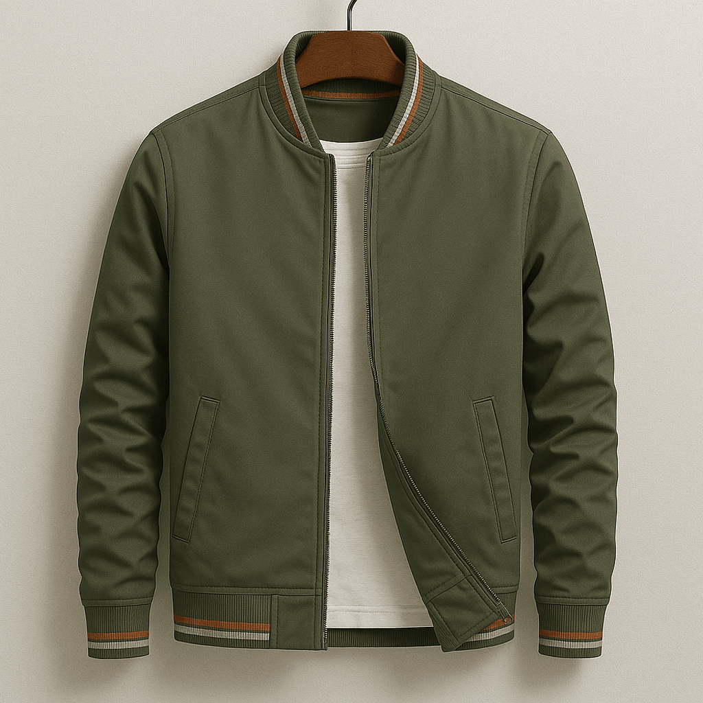 James - Men's Striped Ribbed Bomber Jacket with Zip Front - Bomber Jackets - Green - Parker&Brooks