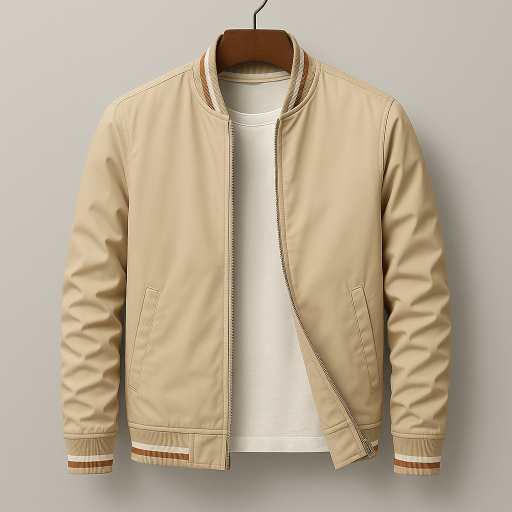James - Men's Striped Ribbed Bomber Jacket with Zip Front - Bomber Jackets - Beige - Parker&Brooks