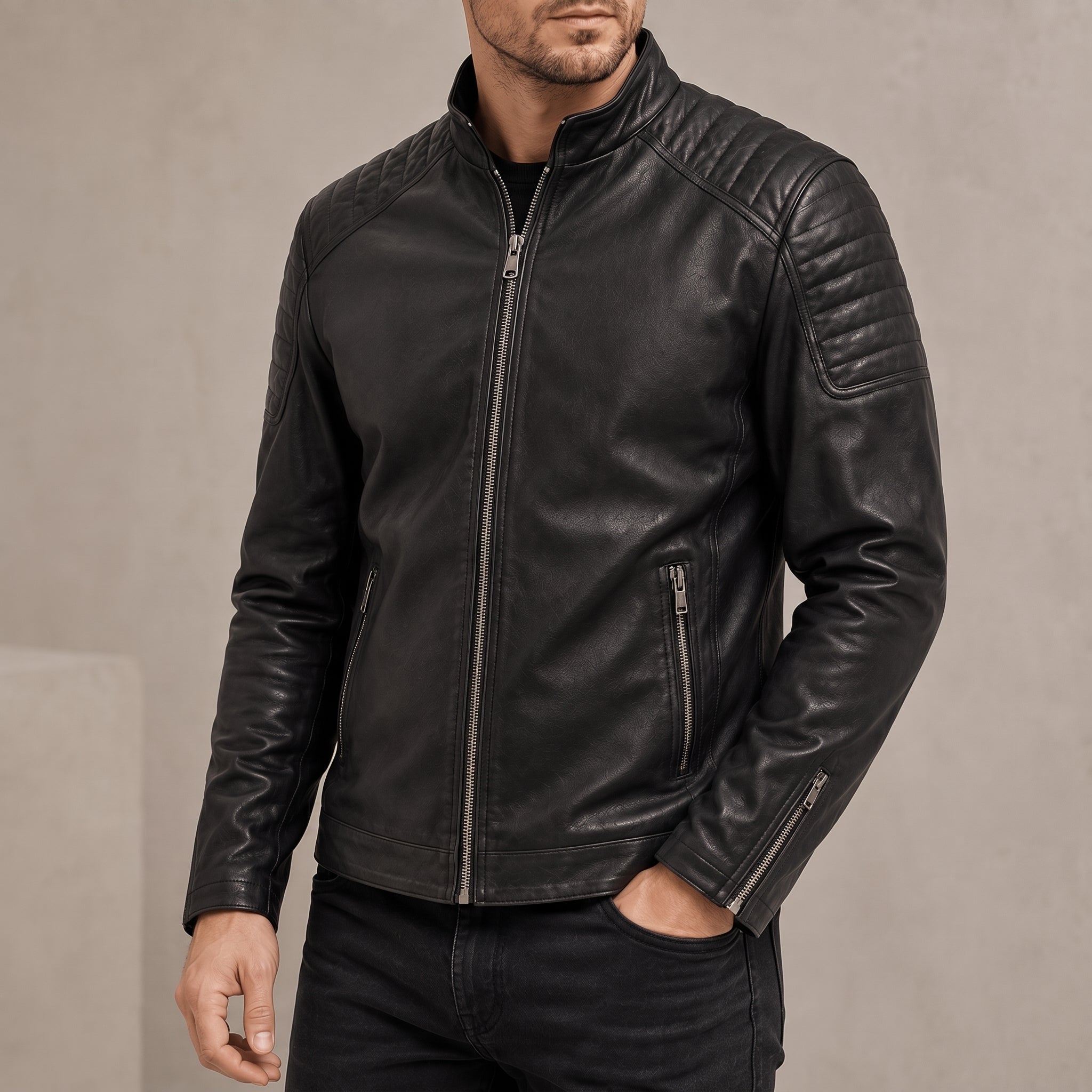 James - Men's Zip-Up Transitional Jacket with Quilted Shoulders - Coats & Jackets - Black - Parker&Brooks