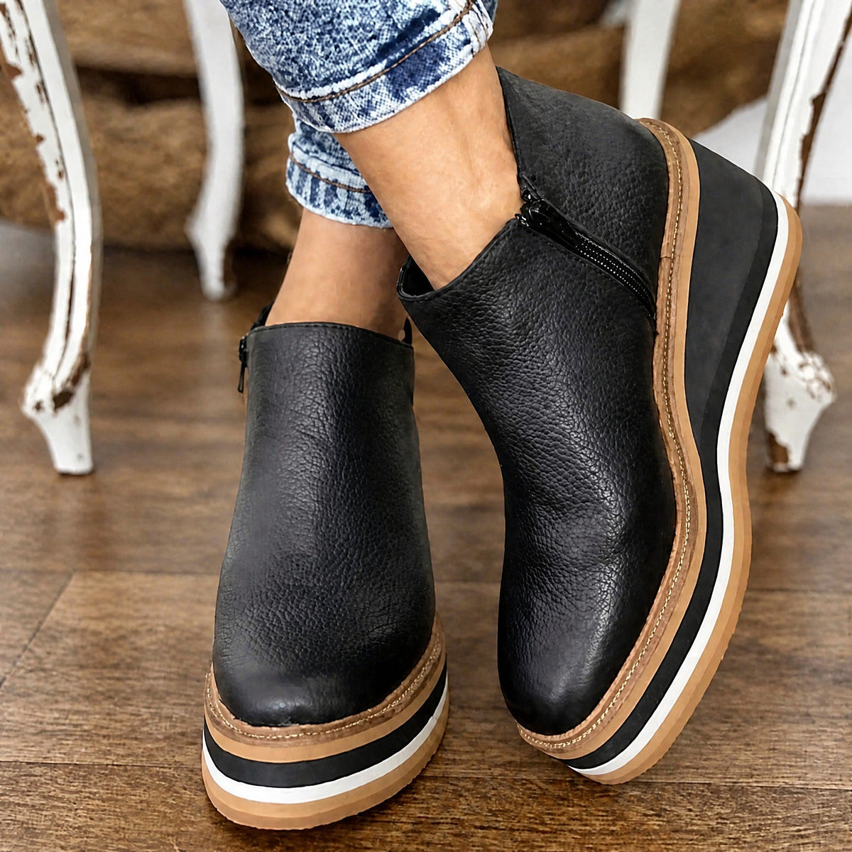 Jeanne - Women's Wedge Platform Ankle Boots with Side Zipper - Boots - Black - Parker&Brooks