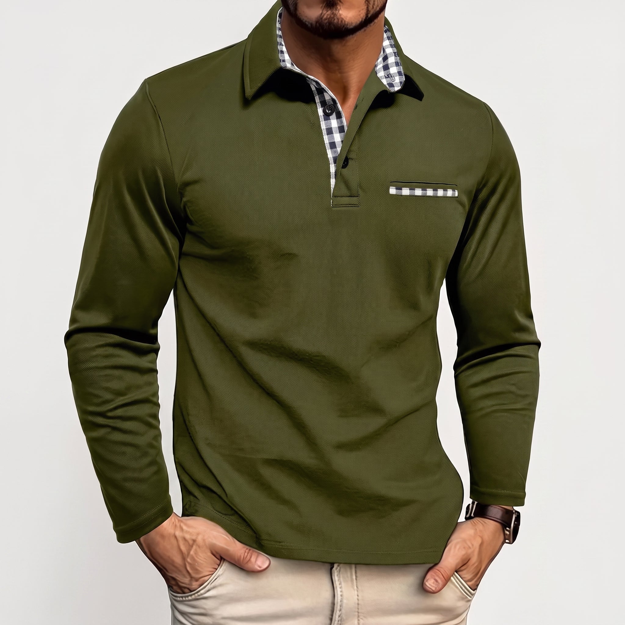 Johann - Men's Long Sleeve Polo Shirt with Contrast Check Collar - Polos - Green - Parker&Brooks