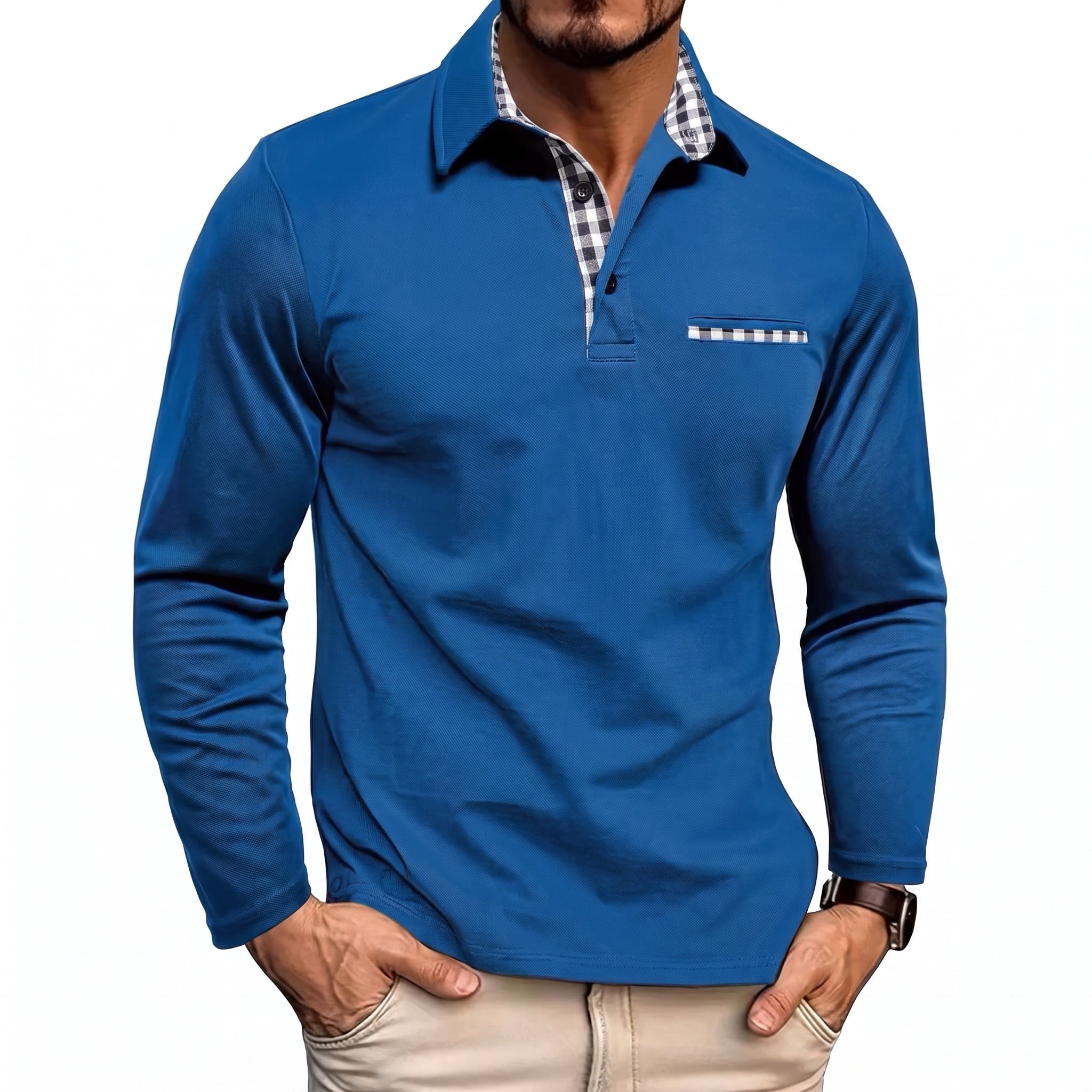 Johann - Men's Long Sleeve Polo Shirt with Contrast Check Collar - Polos - Dark Blue - Parker&Brooks