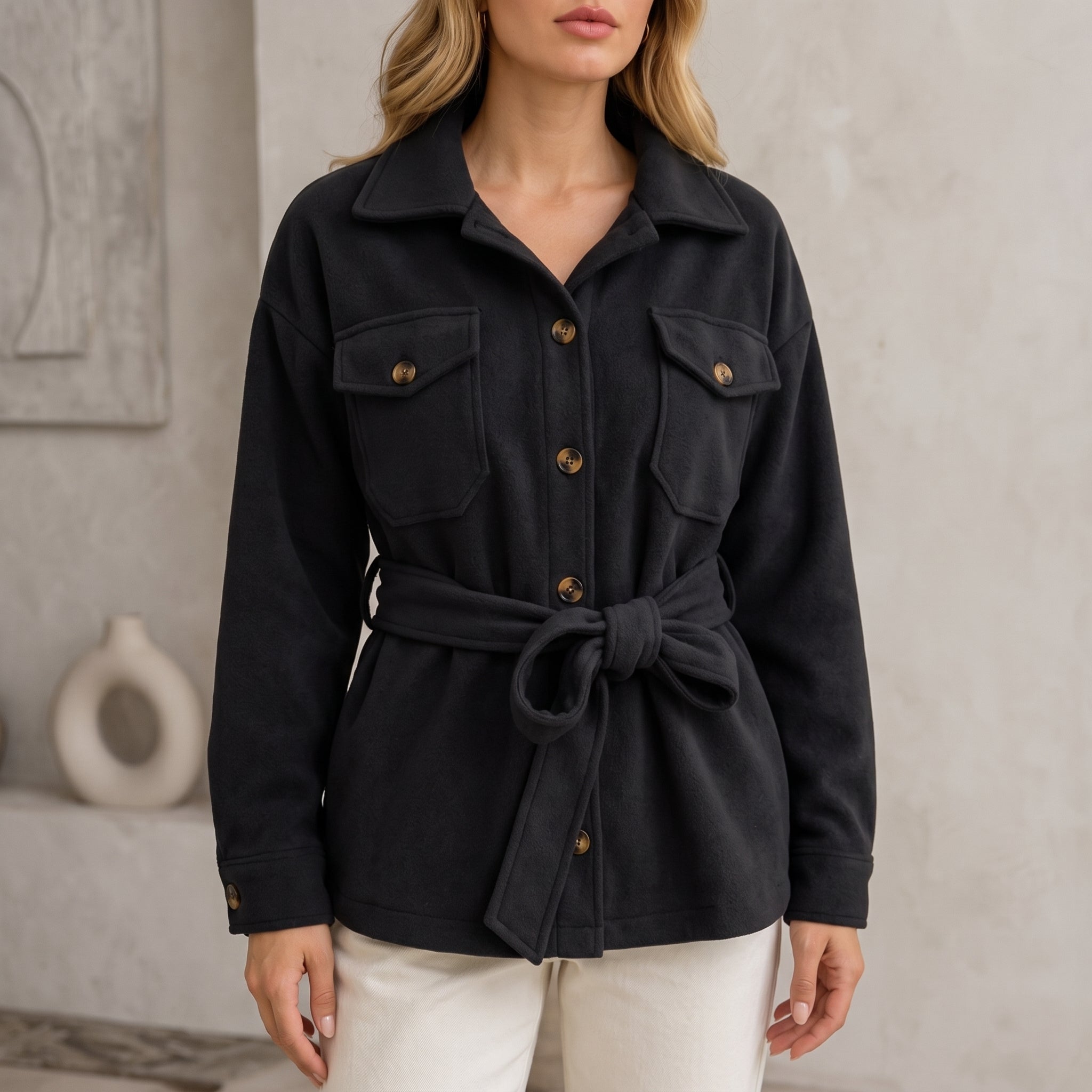 Johanna - Women's Belted Shirt Jacket with Chest Pockets - Jackets - Black - Parker&Brooks
