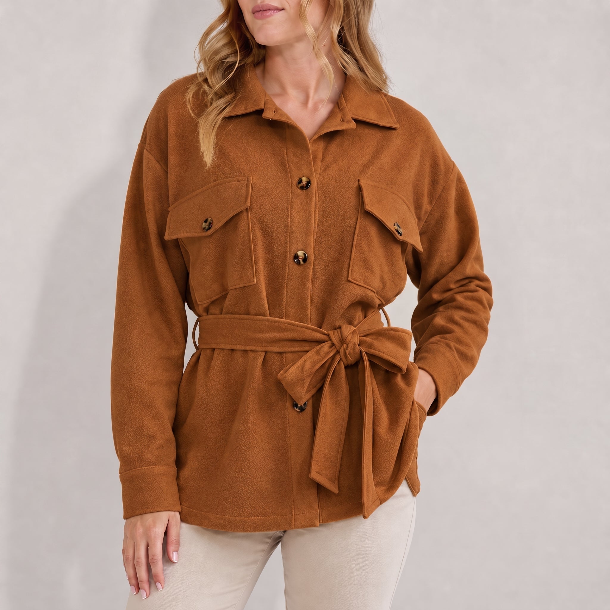 Johanna - Women's Belted Shirt Jacket with Chest Pockets - Jackets - Brown - Parker&Brooks