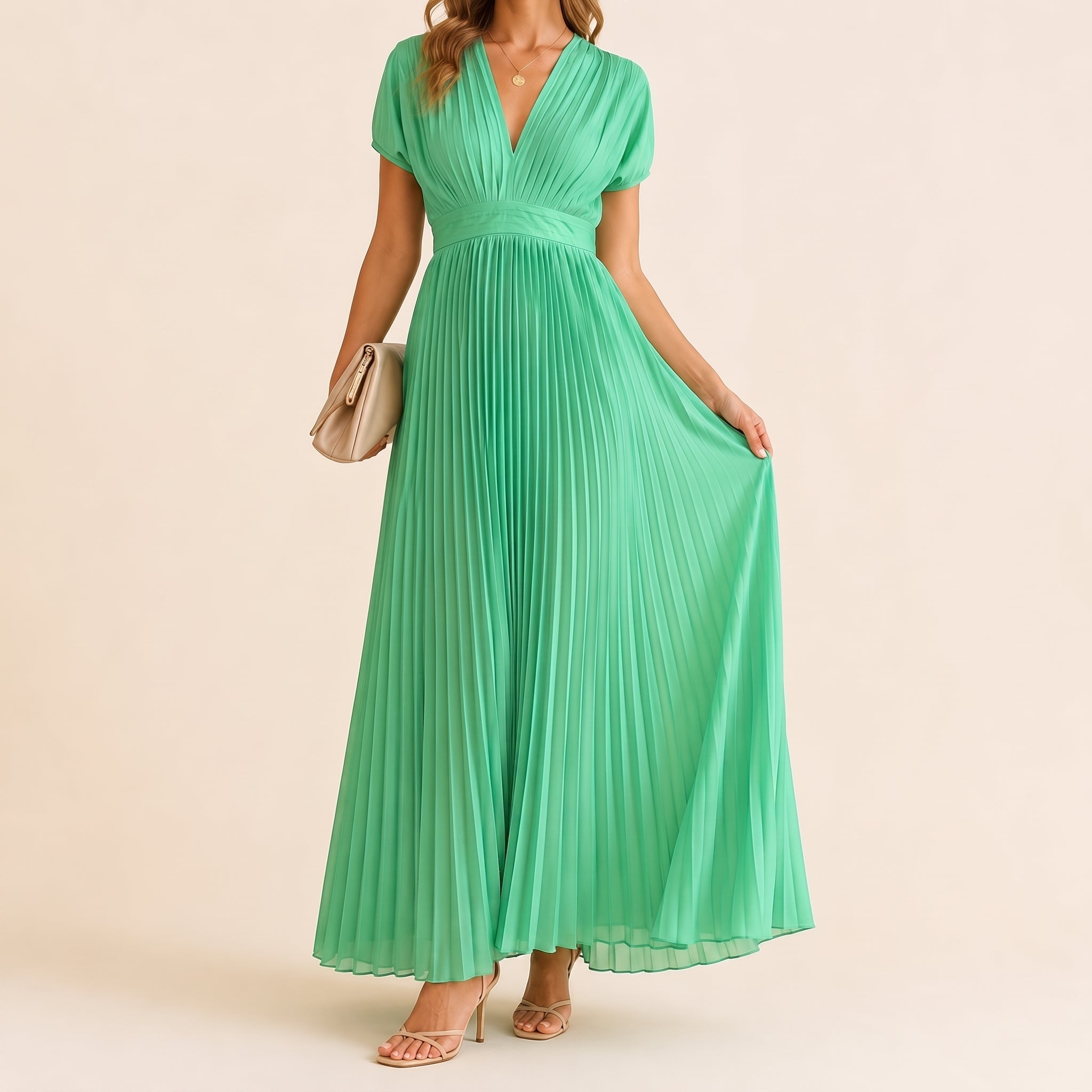 Johanna – Women's Evening Batwing Sleeve Pleated Maxi Dress - Dresses - Green - Parker&Brooks