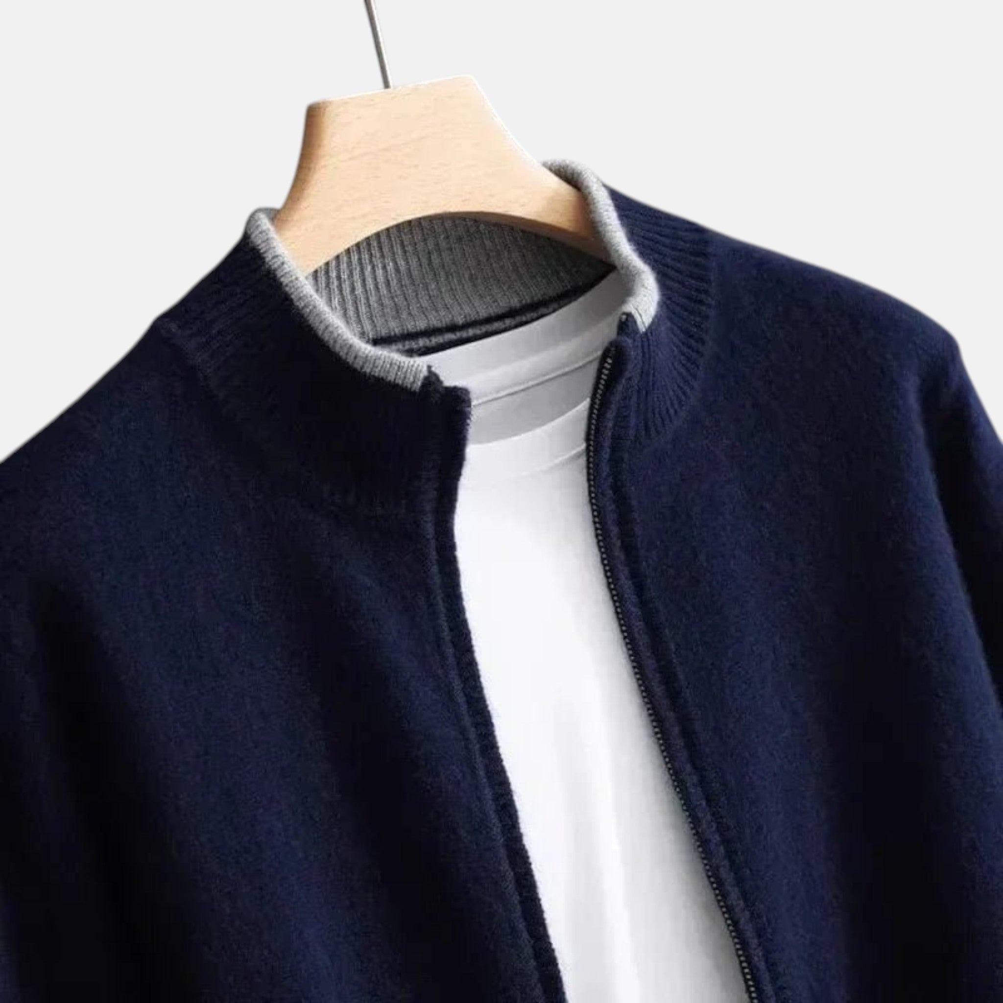 Men's Knitted Zip-Up Cardigan with Stand Collar and Ribbed Hems