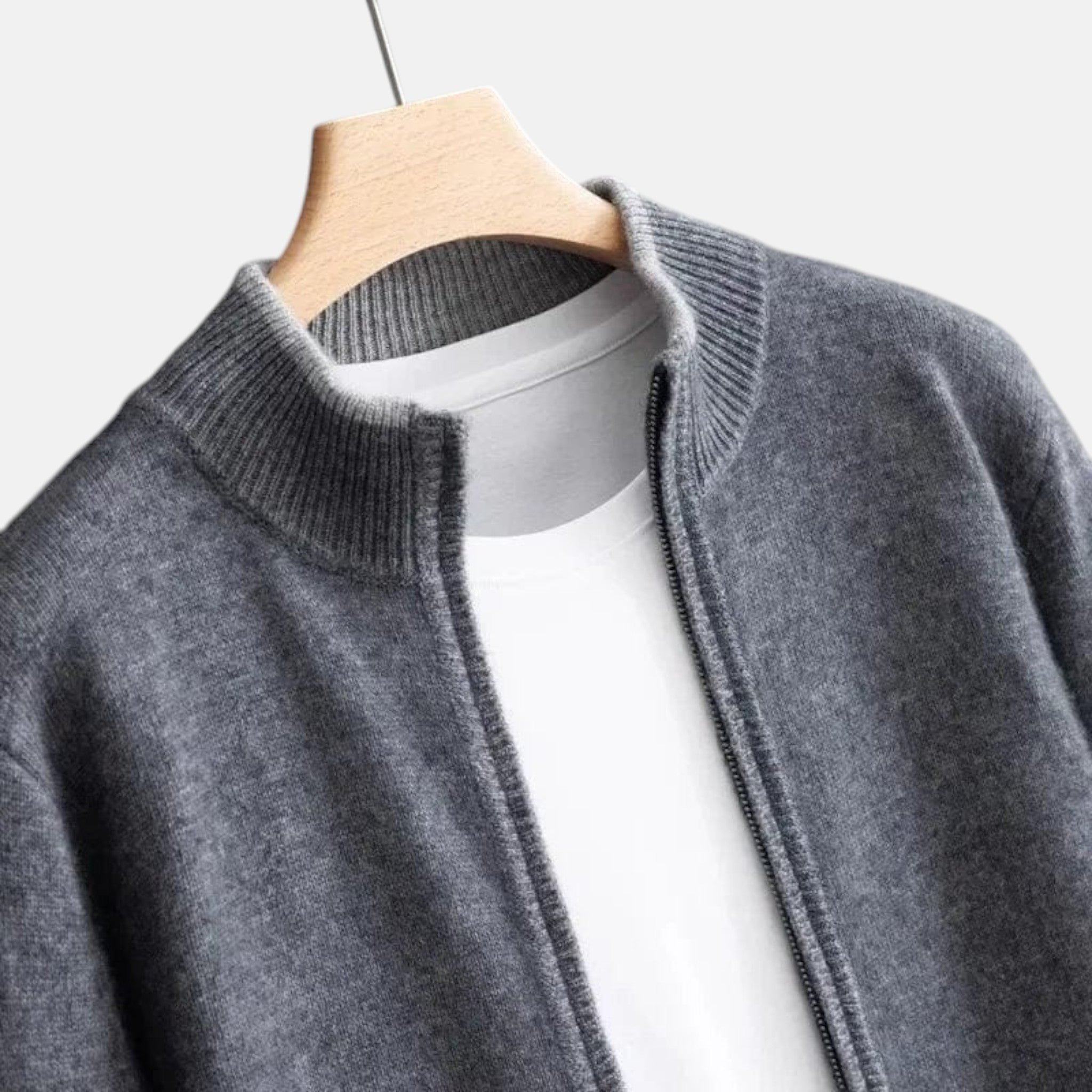 Men's Knitted Zip-Up Cardigan with Stand Collar and Ribbed Hems