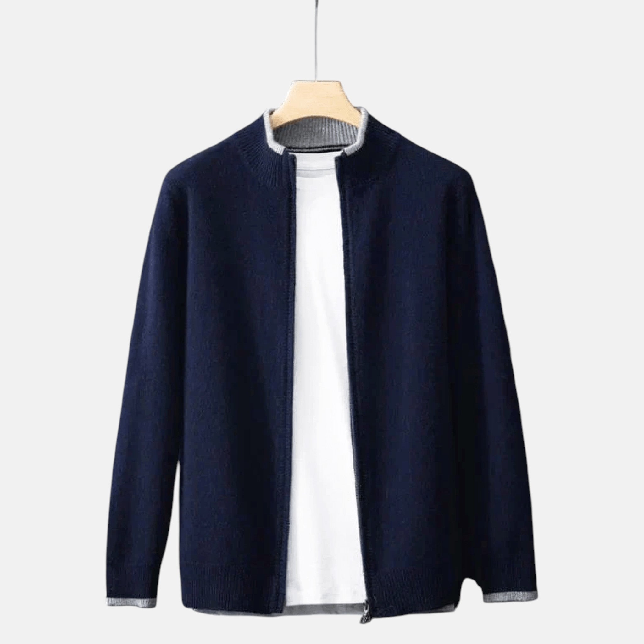 Men's Knitted Zip-Up Cardigan with Stand Collar and Ribbed Hems