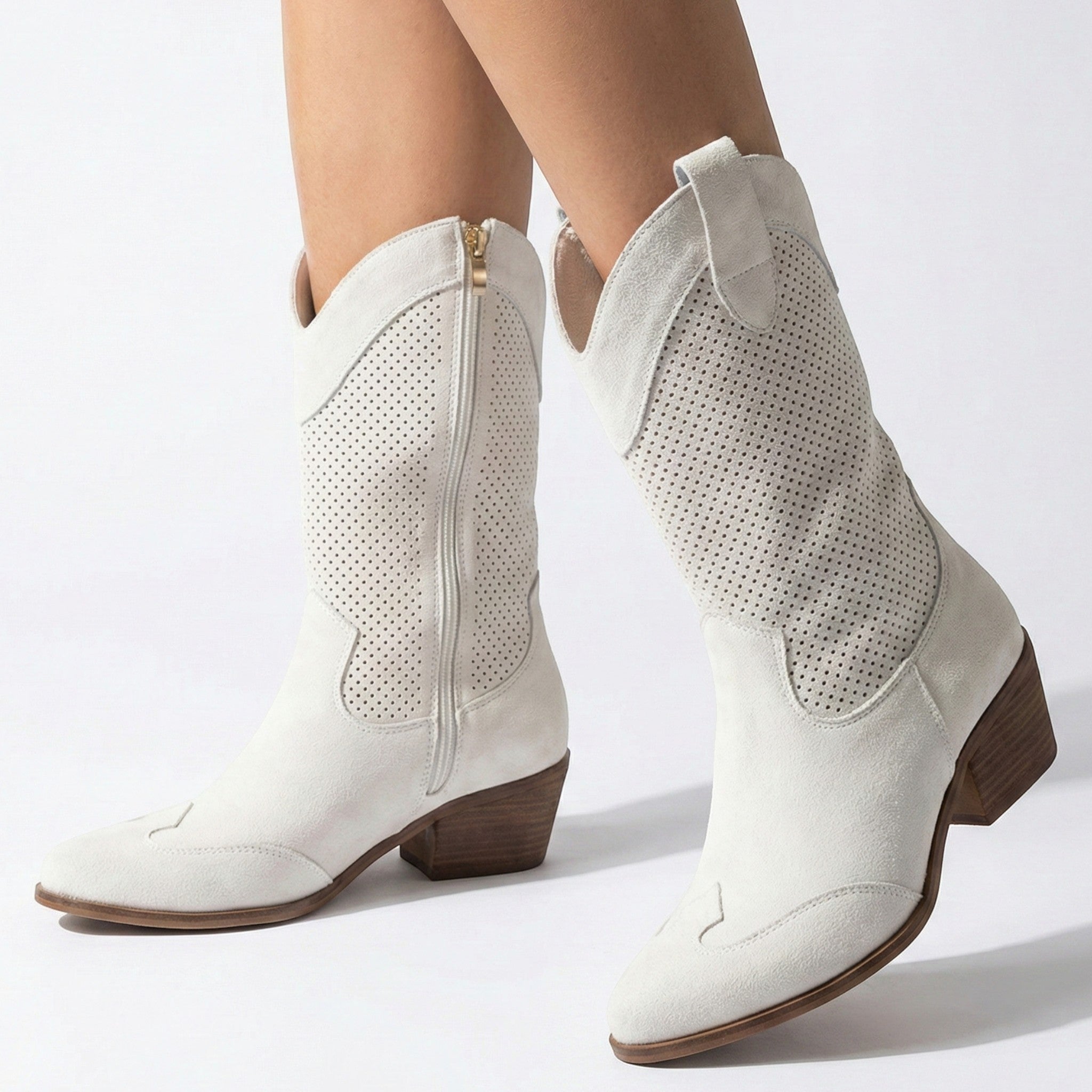 Josiane - Women's Block Heel Cowboy Boots - Boots - White - Parker&Brooks