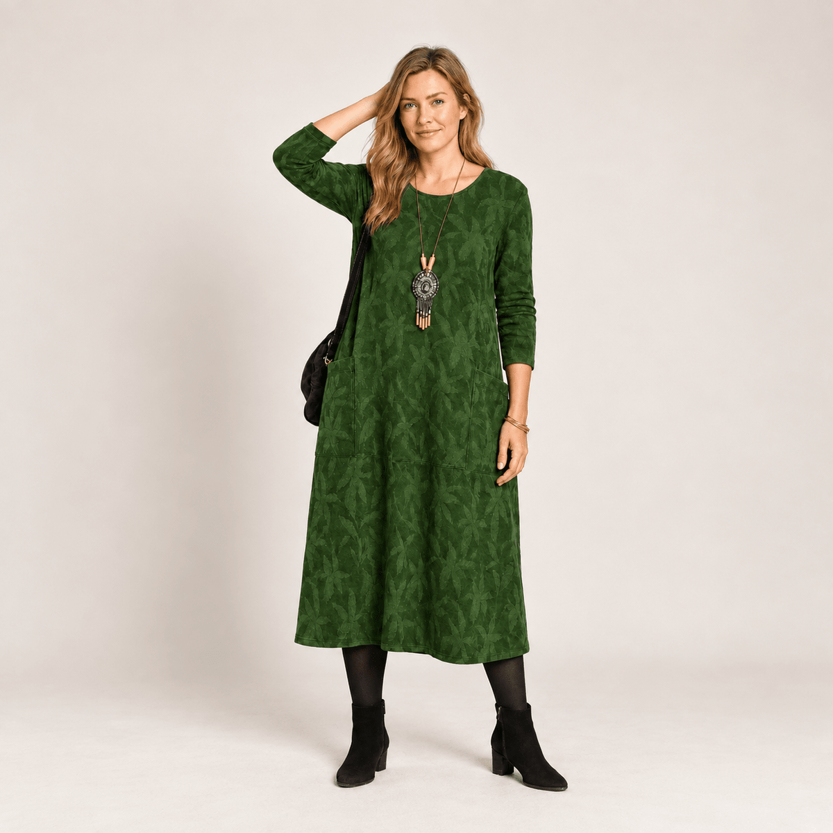 Leah - Women's Long Sleeve Pocket Midi Dress with Leaf Print - Dresses - Green - Parker&Brooks
