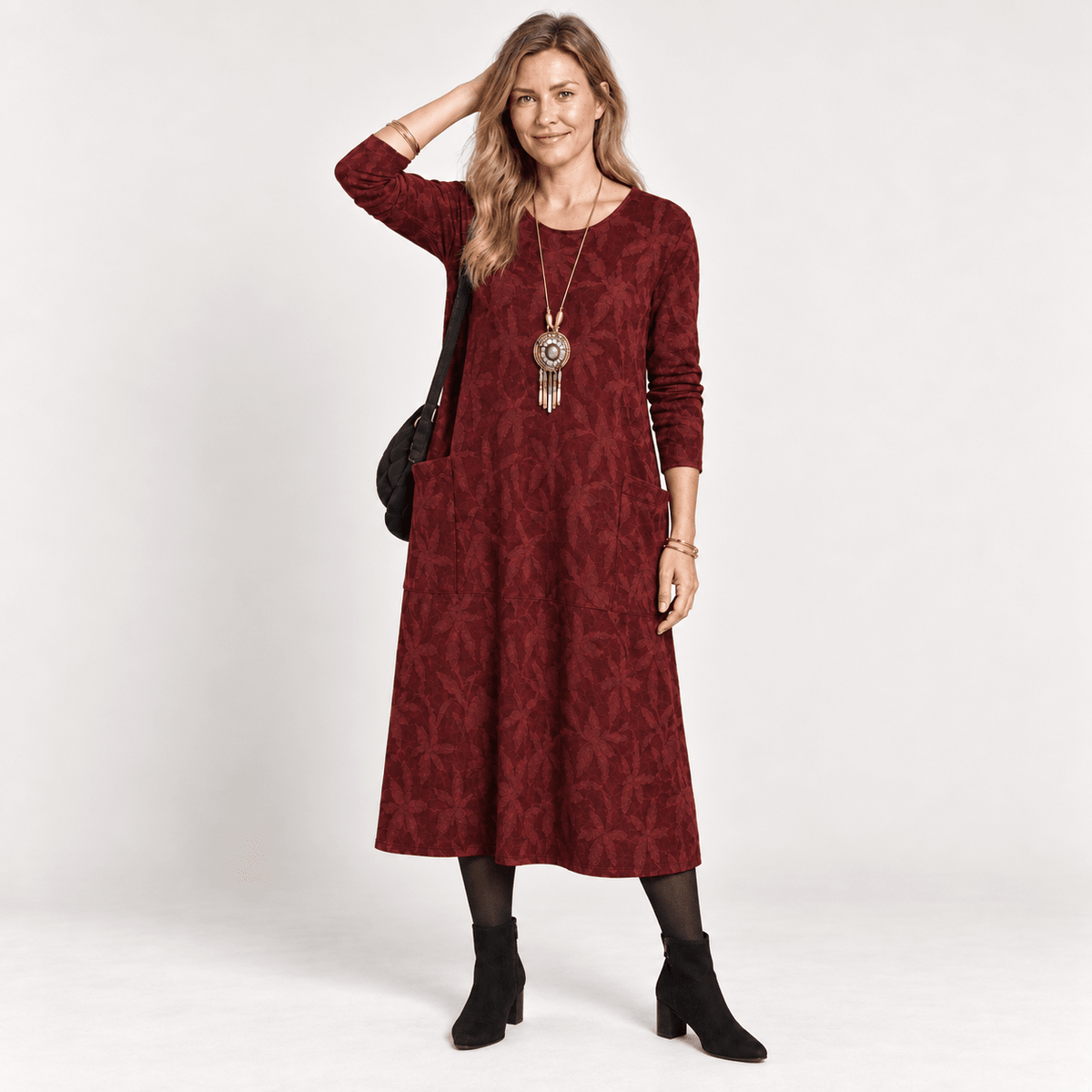 Leah - Women's Long Sleeve Pocket Midi Dress with Leaf Print - Dresses - Red - Parker&Brooks