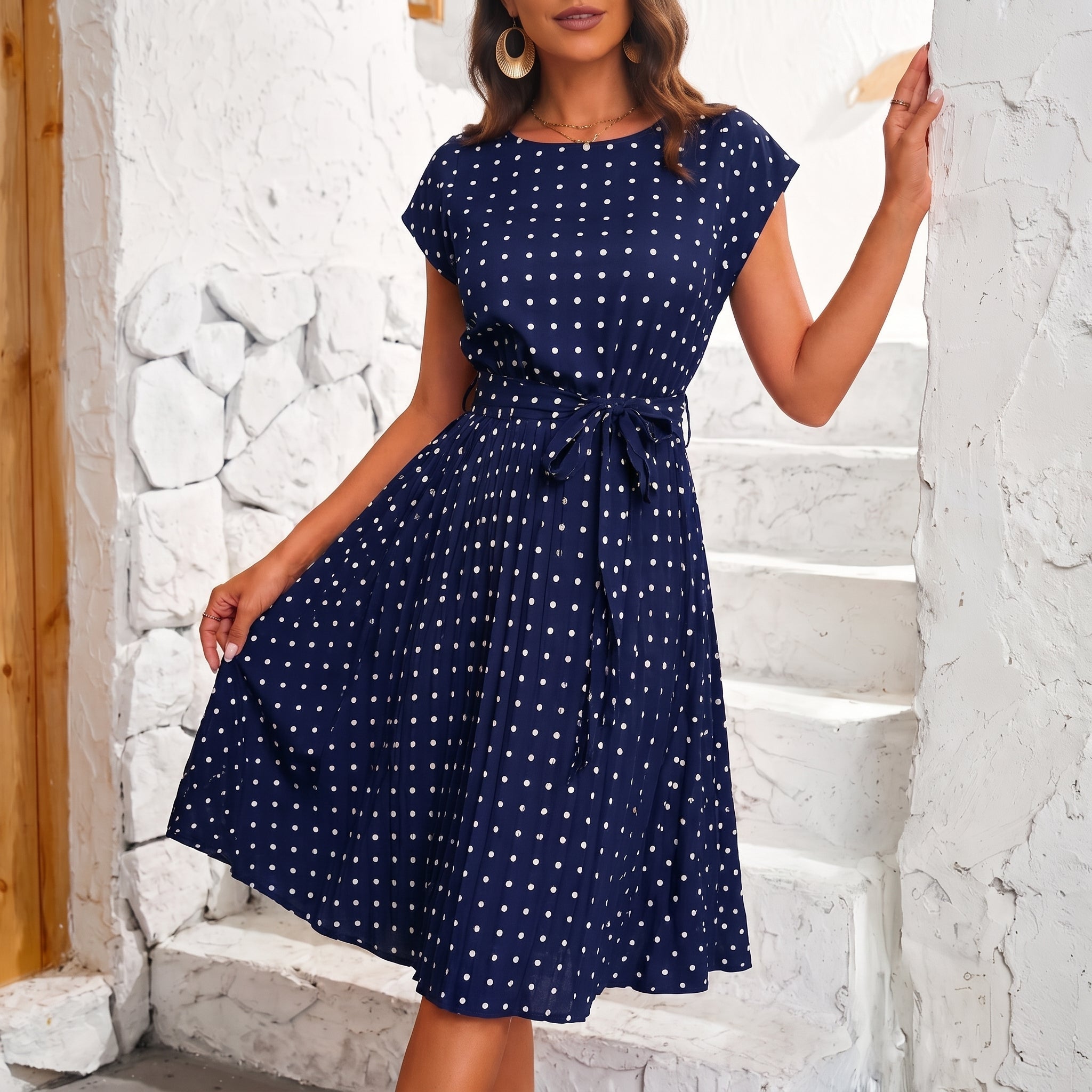 Lena - Women's Summer Polka Dot Belted Midi Dress - Dresses - Blue - Parker&Brooks