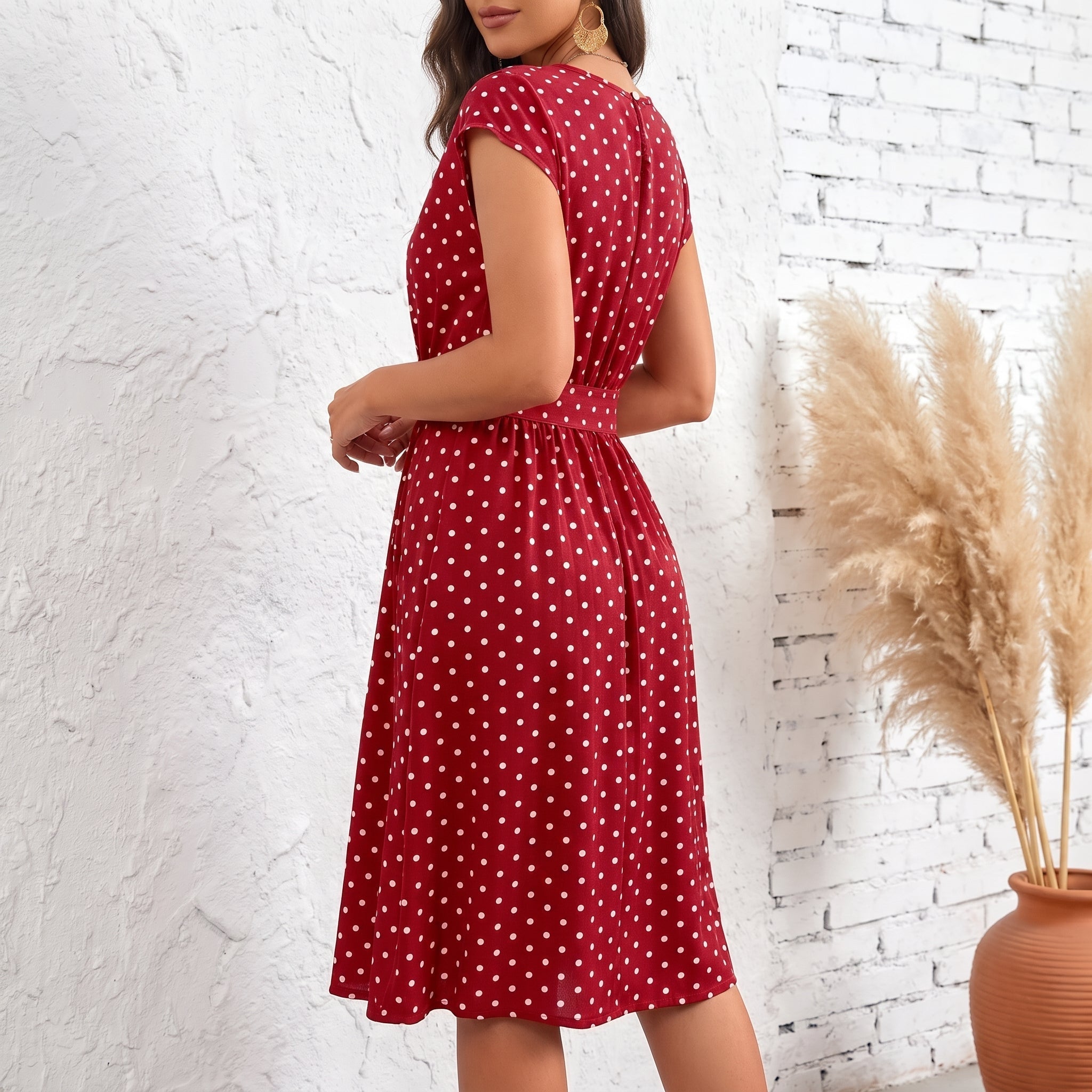 Lena - Women's Summer Polka Dot Belted Midi Dress - Dresses - Red - Parker&Brooks