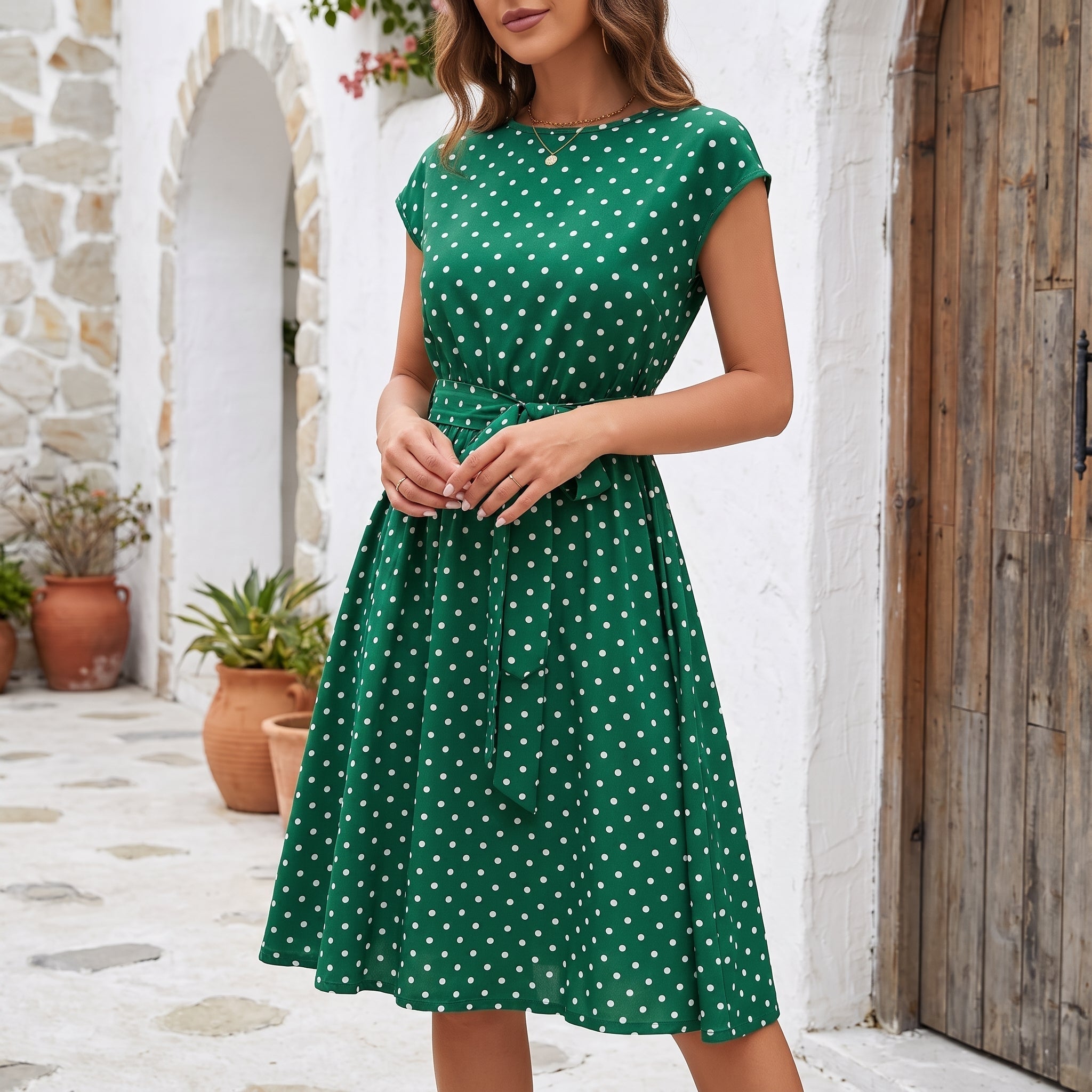 Lena - Women's Summer Polka Dot Belted Midi Dress - Dresses - Green - Parker&Brooks