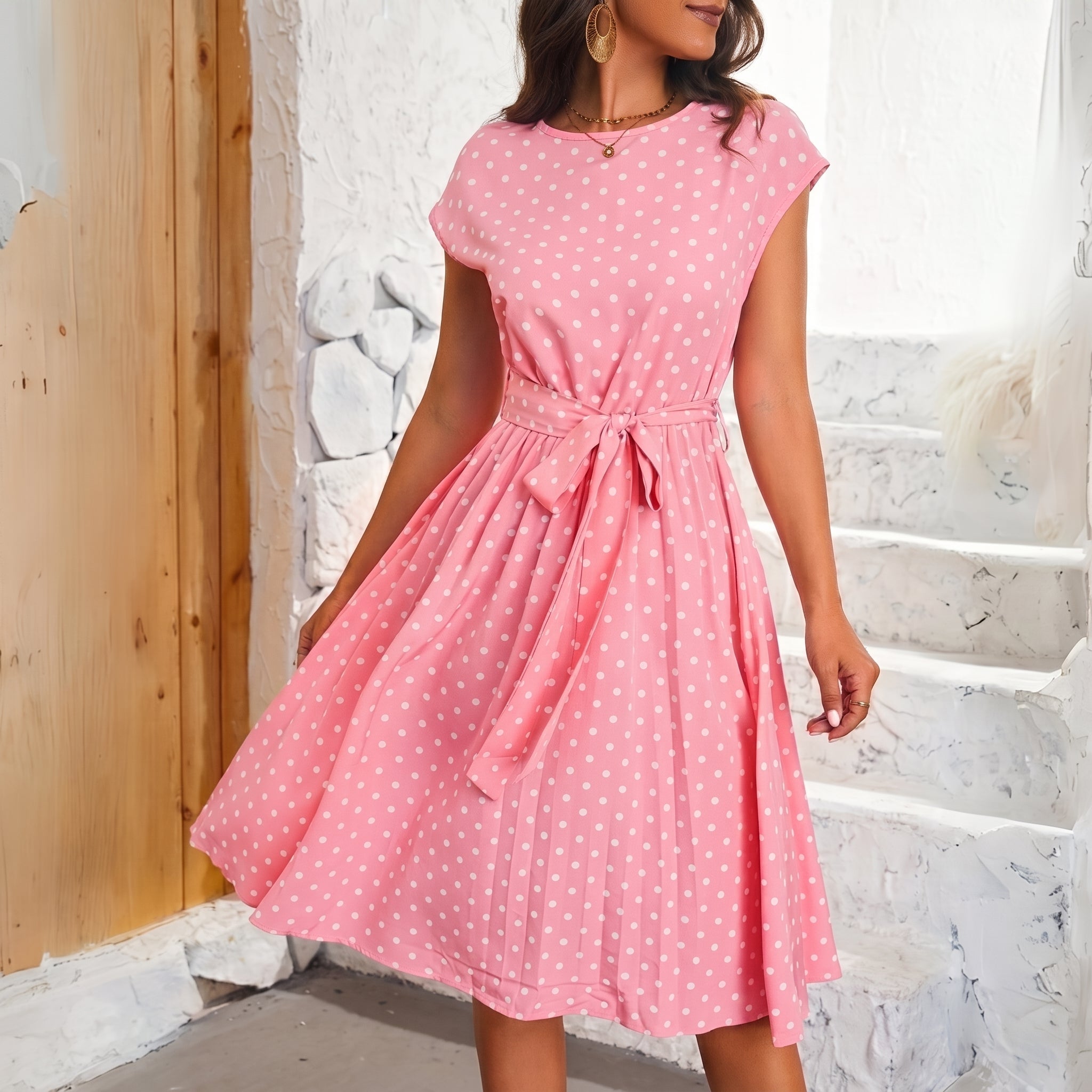 Lena - Women's Summer Polka Dot Belted Midi Dress - Dresses - Pink - Parker&Brooks
