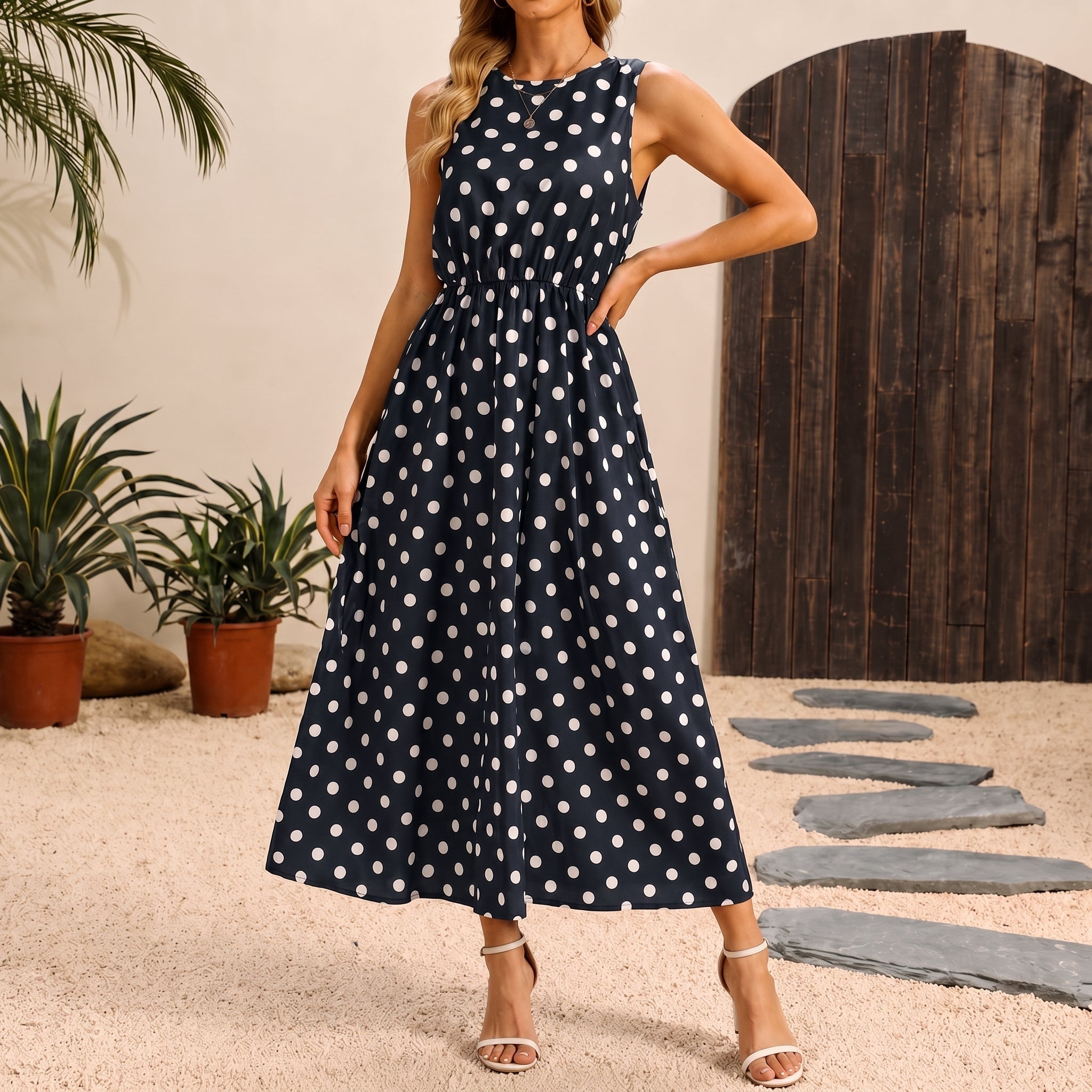 Lena - Women's Summer Sleeveless Polka Dot Maxi Dress - Dresses - Navy Blue - Parker&Brooks
