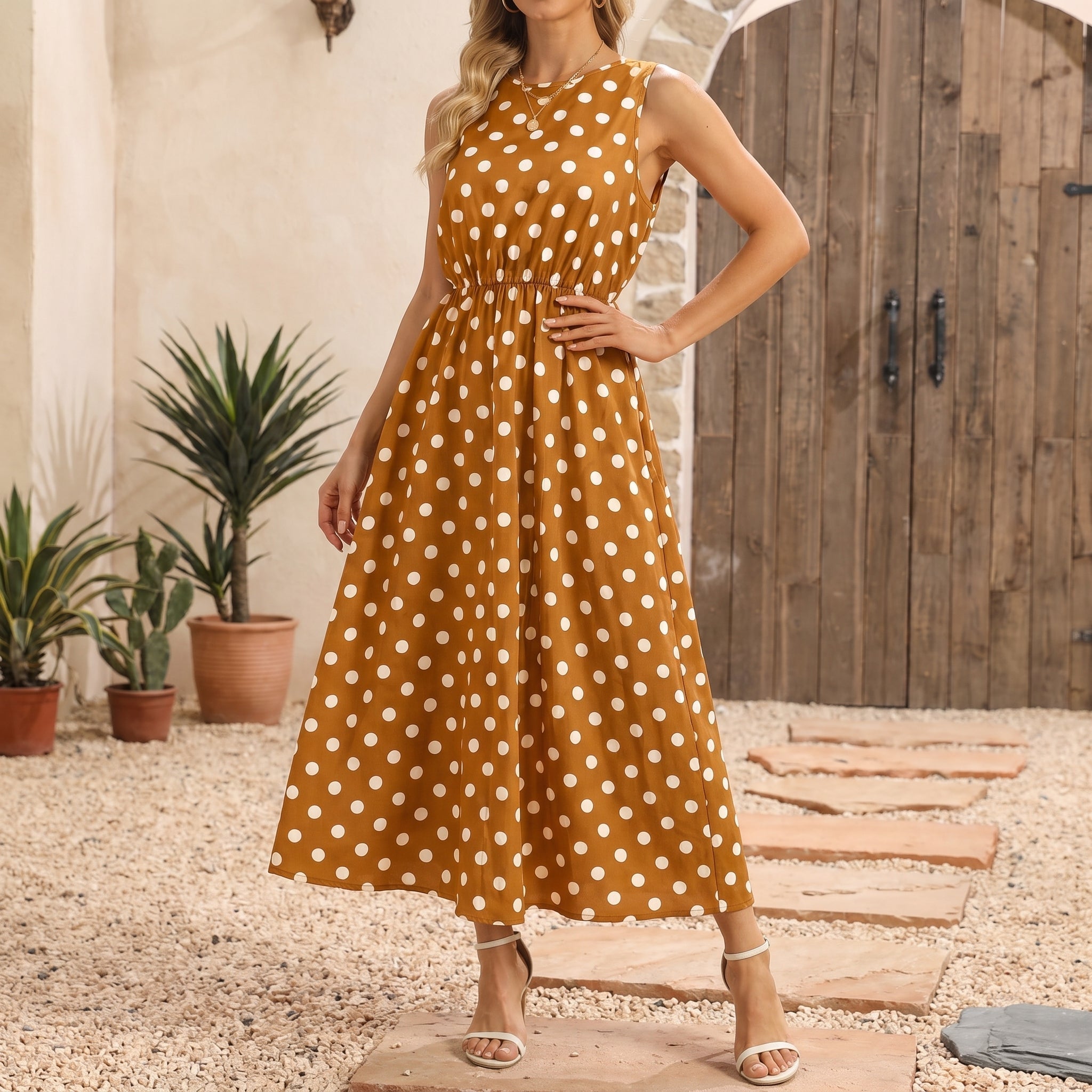 Lena - Women's Summer Sleeveless Polka Dot Maxi Dress - Dresses - Yellow - Parker&Brooks