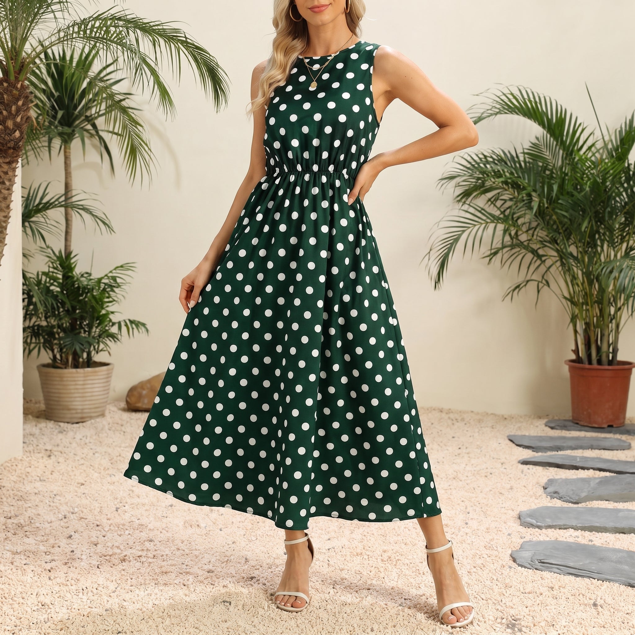 Lena - Women's Summer Sleeveless Polka Dot Maxi Dress - Dresses - Green - Parker&Brooks