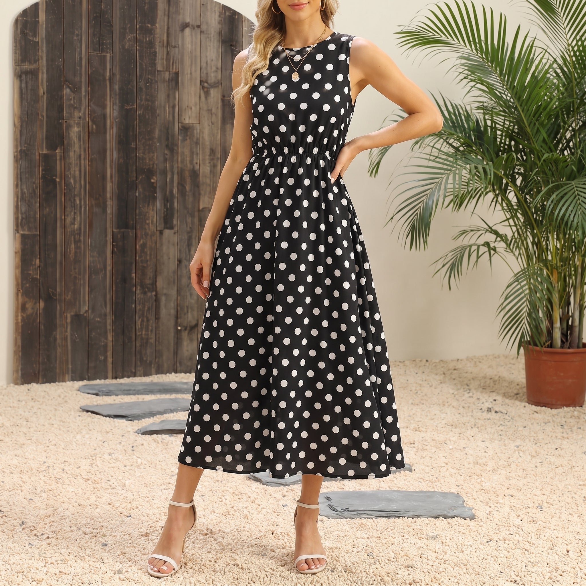 Lena - Women's Summer Sleeveless Polka Dot Maxi Dress - Dresses - Black - Parker&Brooks