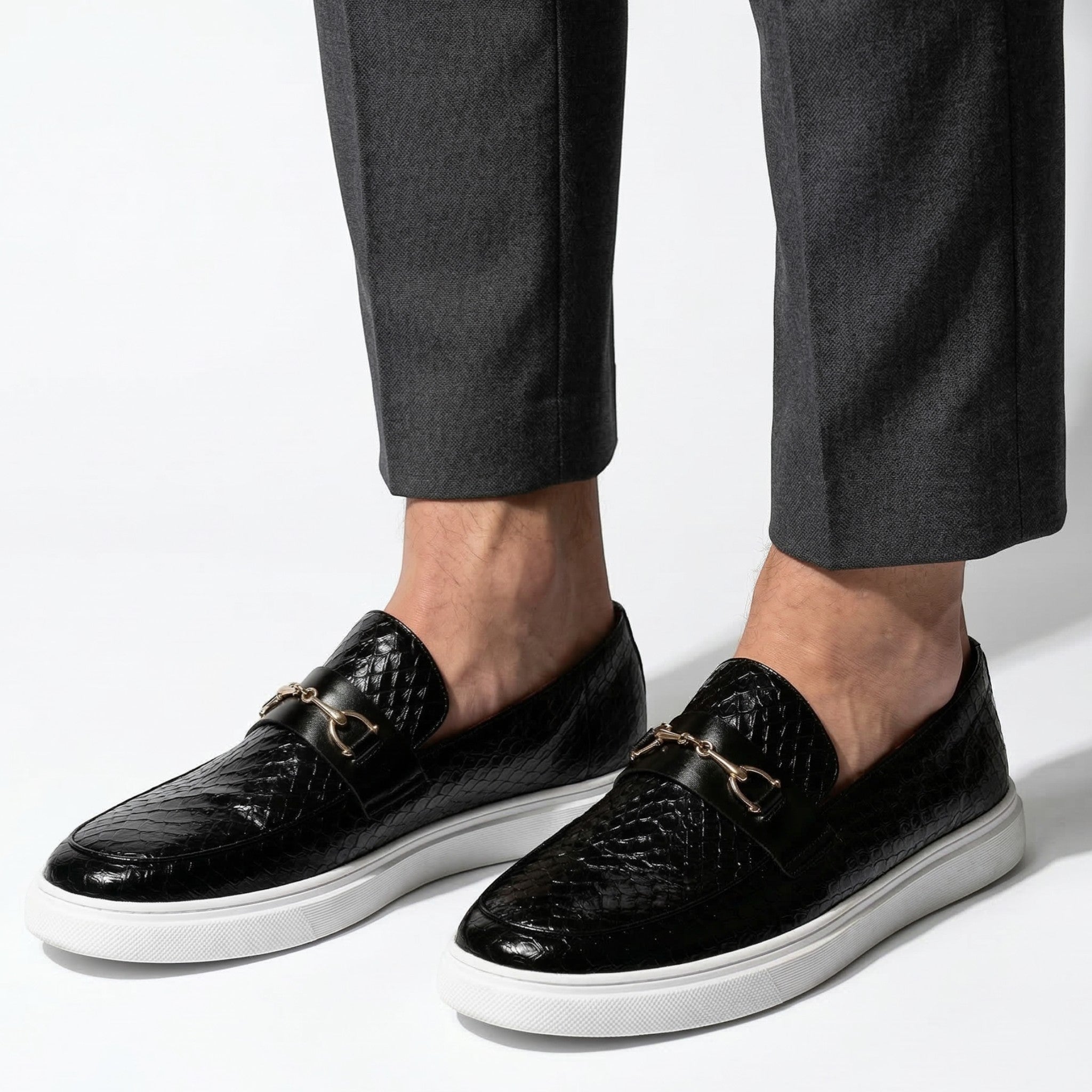 Leo - Men's Textured Loafers with Buckle Detail - Loafers - Black - Parker&Brooks