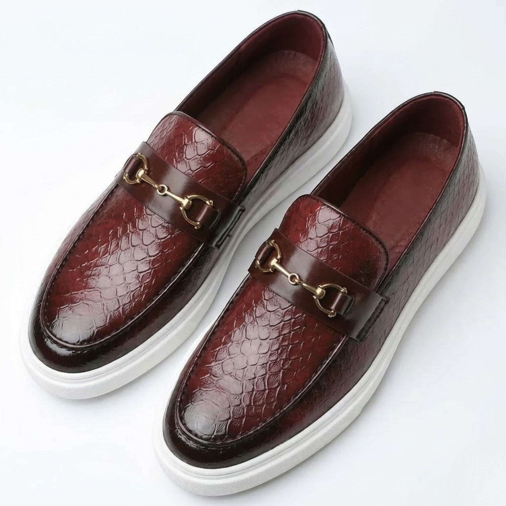 Leo - Men's Textured Loafers with Buckle Detail - Loafers - Cherry Brown - Parker&Brooks