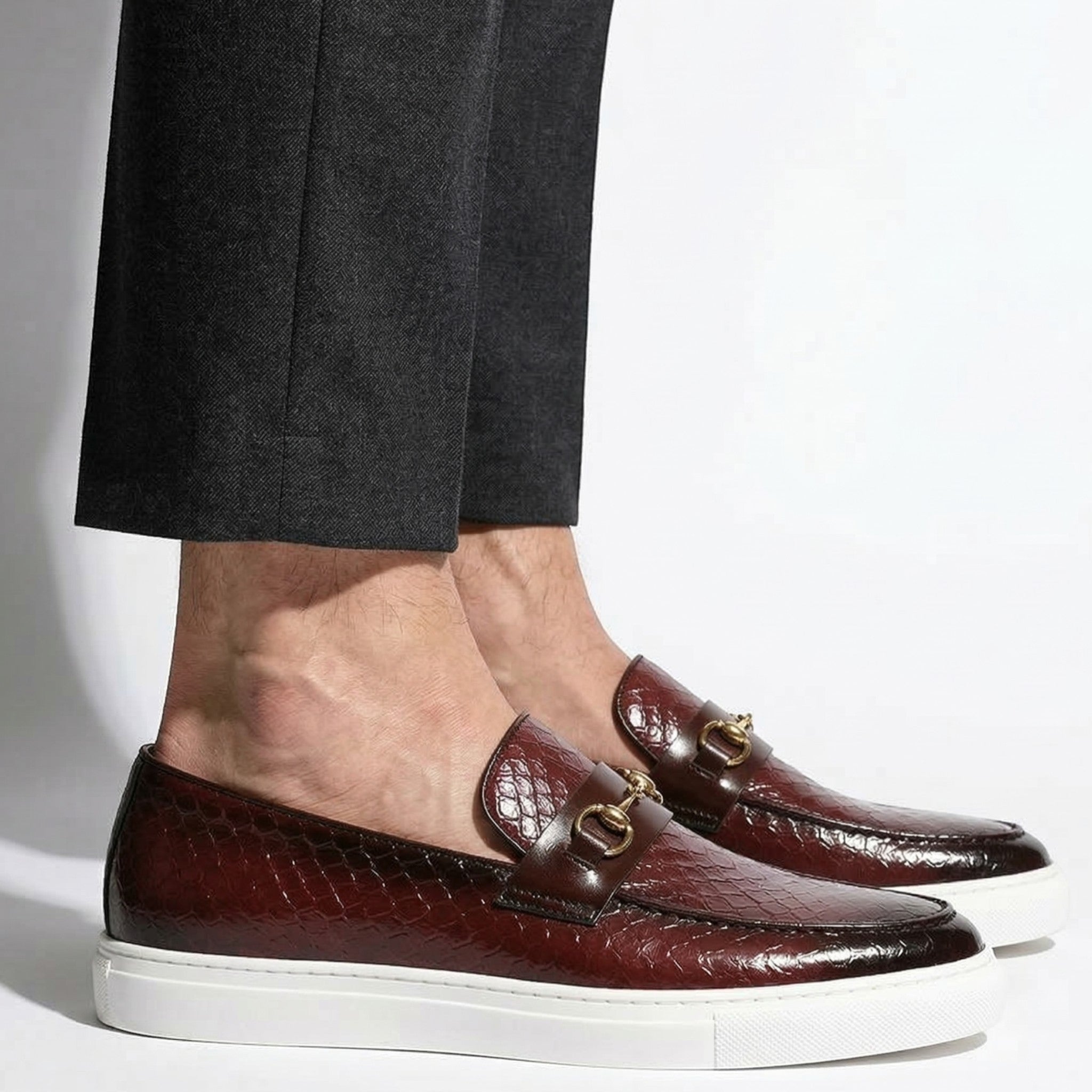 Leo - Men's Textured Loafers with Buckle Detail - Loafers - Cherry Brown - Parker&Brooks