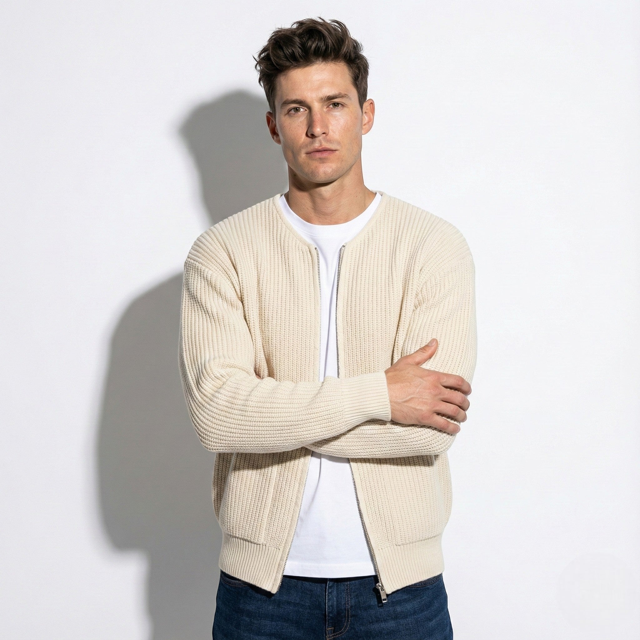 Men's Thick Ribbed Knit Cardigan with Turtleneck and Raglan Sleeves