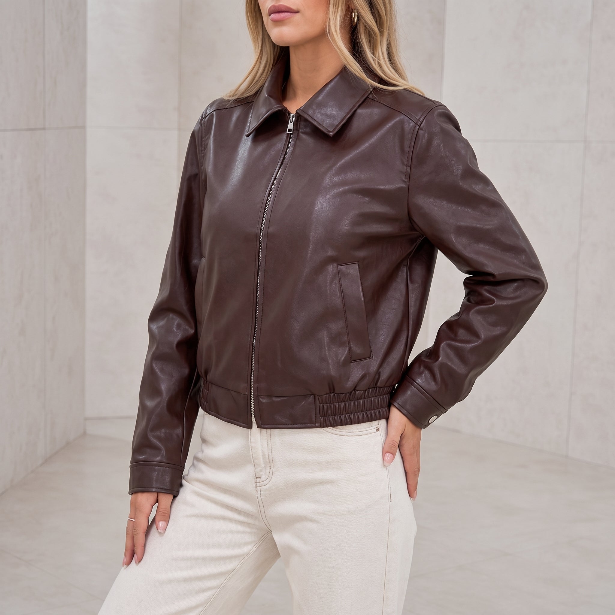 Liesel - Women's Zip-Through Collared Bomber Jacket - Bomber Jackets - Brown - Parker&Brooks