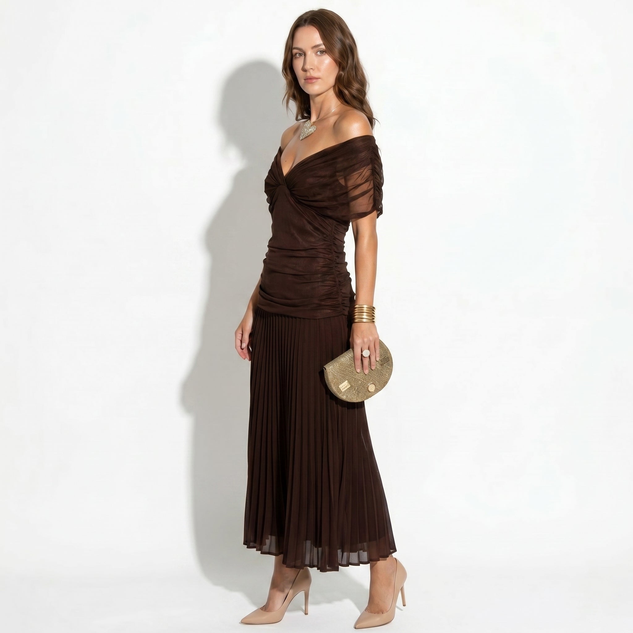 Lily - Women's Evening Ruched Maxi Dress - Dress - Brown - Parker&Brooks