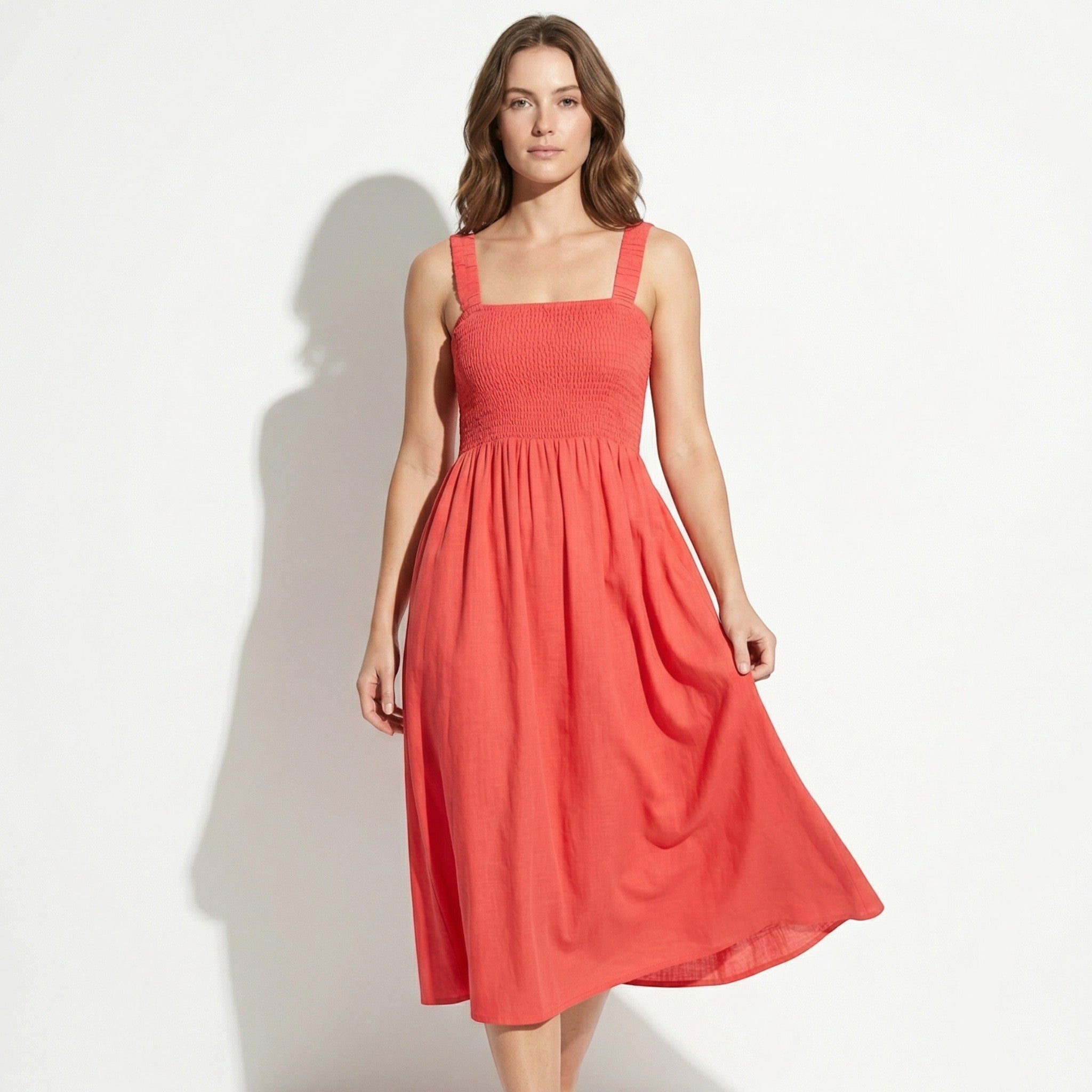 Lily - Women's Evening Smocked Midi Dress - Midi Dresses - Orange - Parker&Brooks