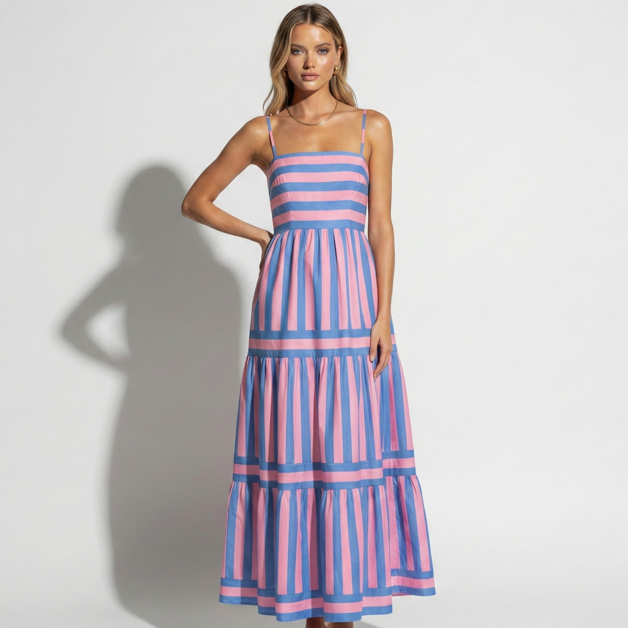 Lily - Women's Striped Tiered Maxi Dress with Spaghetti Straps - Dresses - Green - Parker&Brooks