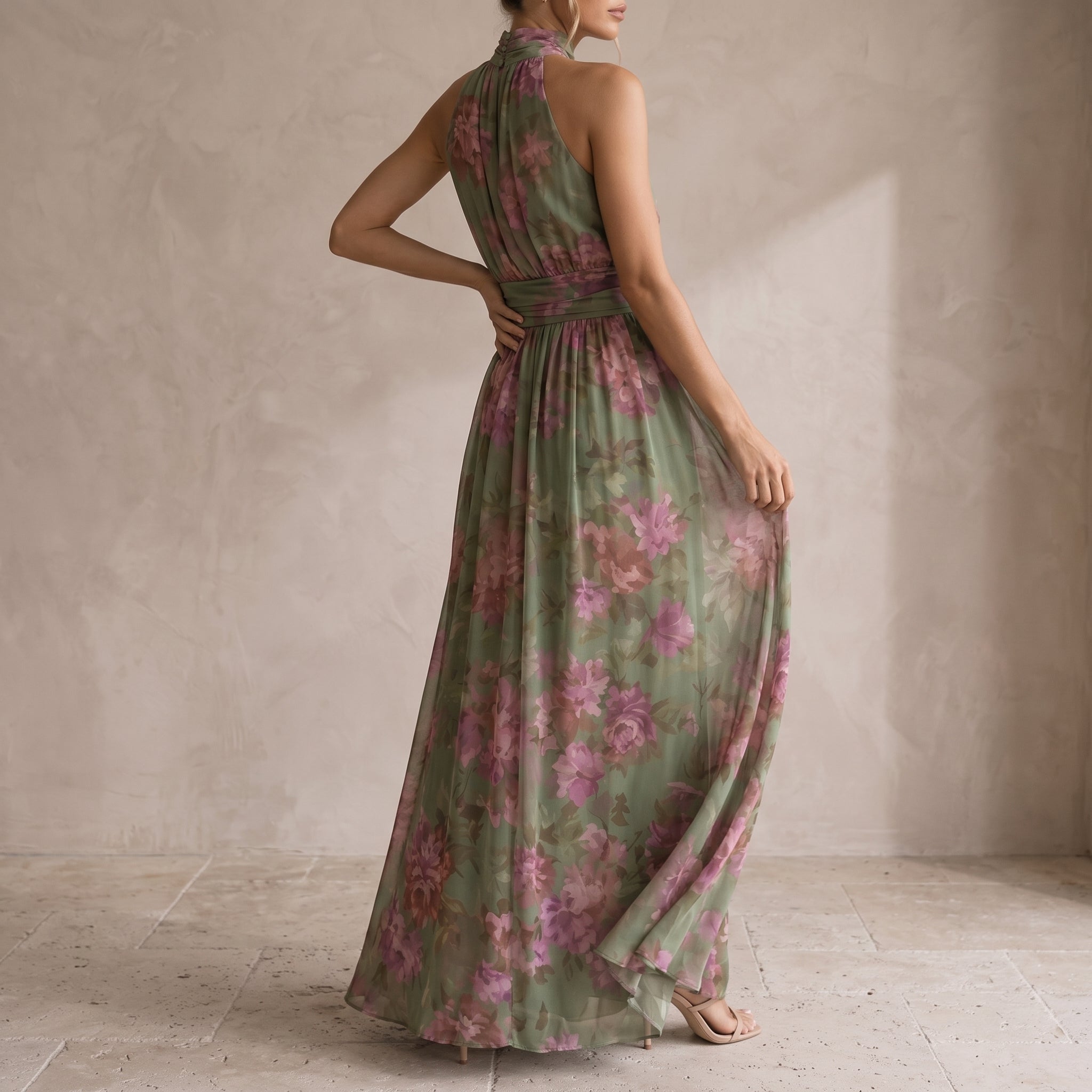 Lily - Women's Summer Floral Print Halter Neck Maxi Dress - Dresses - Green - Parker&Brooks
