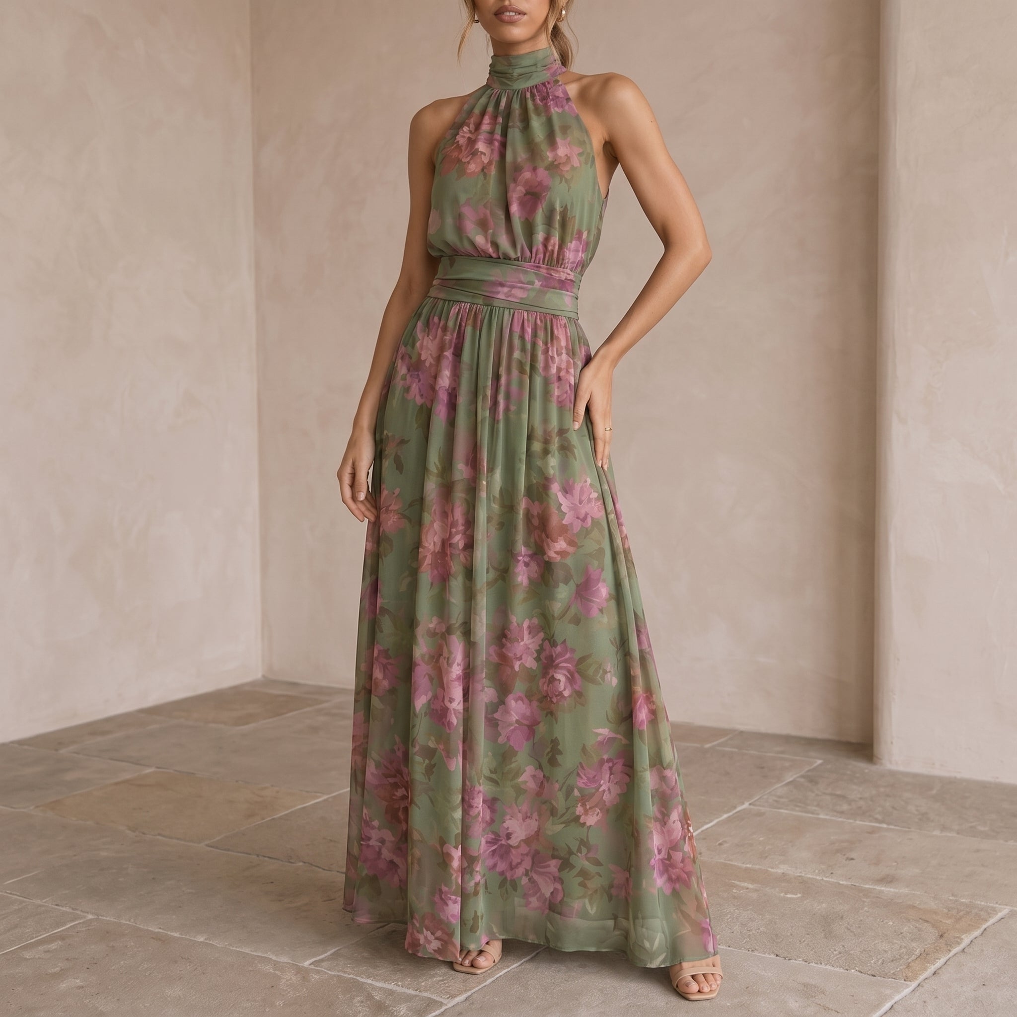 Lily - Women's Summer Floral Print Halter Neck Maxi Dress - Dresses - Green - Parker&Brooks