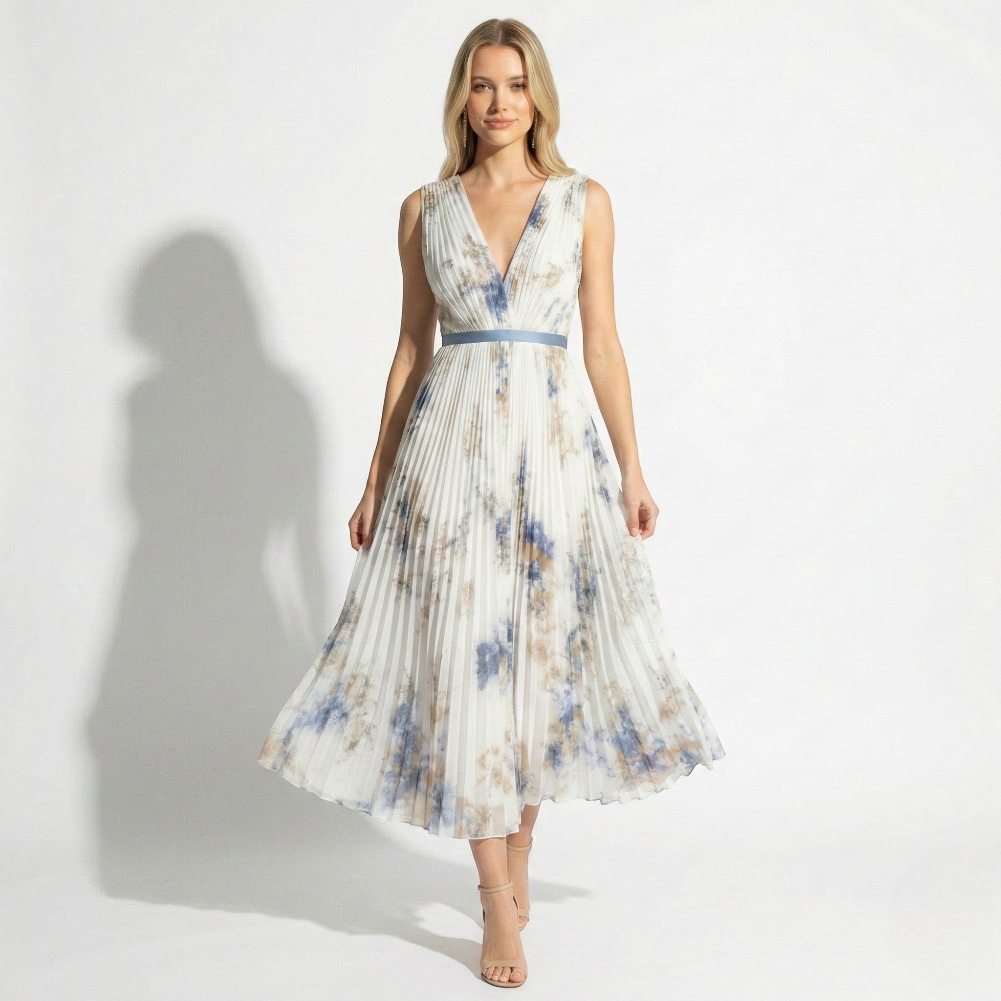 Lily - Women's V - Neck Pleated Maxi Dress - Dresses - White - Parker&Brooks
